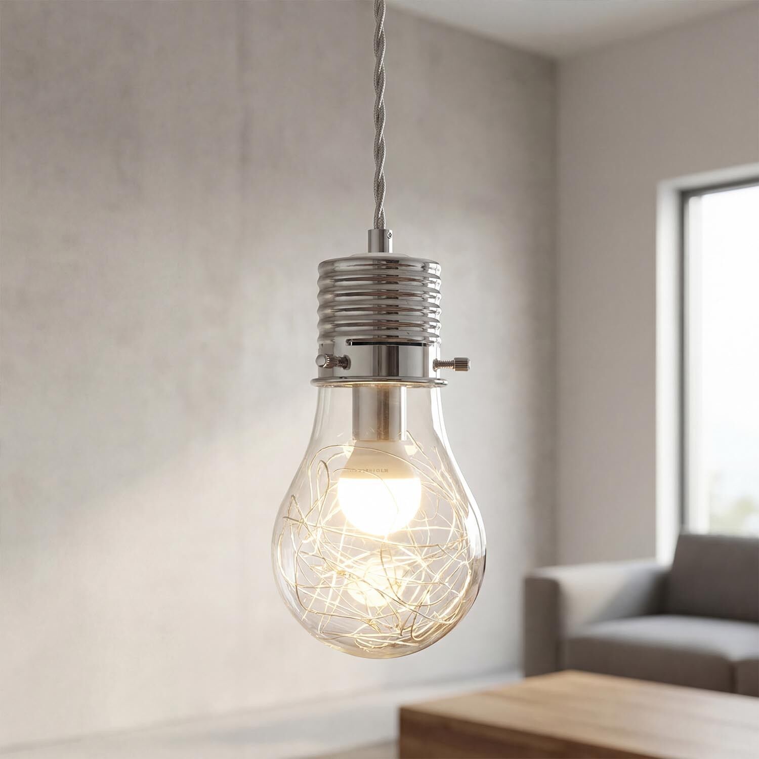 pendelleuchte-haaengelampe-gluehbirne-chrom-modern-design-1 Beleuchtung, Hängelampe, Glühbirne, Metall, Kordel