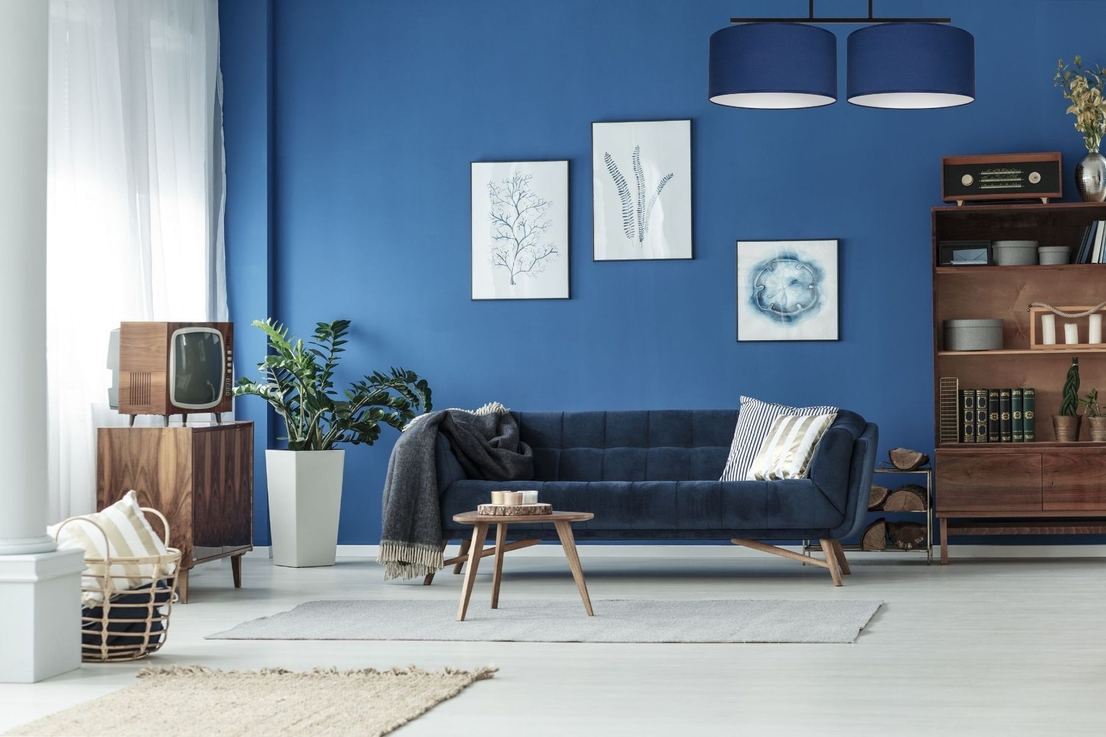 sofa, blau, Wohnzimmer, Mid-Century, Holz