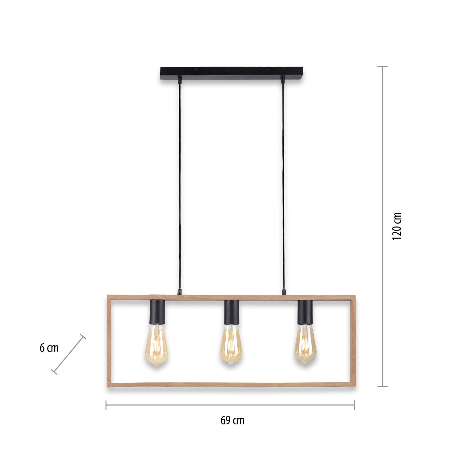 Lampe à suspendre naturelle Rétro Bois Métal L:69 cm 3-flmg Licht
