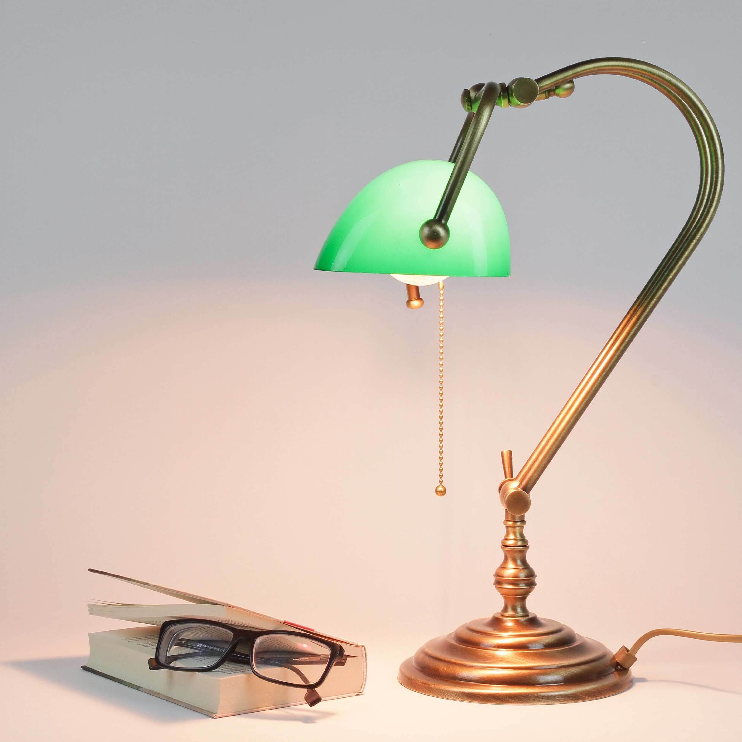 Banker Tischlampe aus Echt-Messing in Bronze Lampe, Lampenschirm, Tischlampe