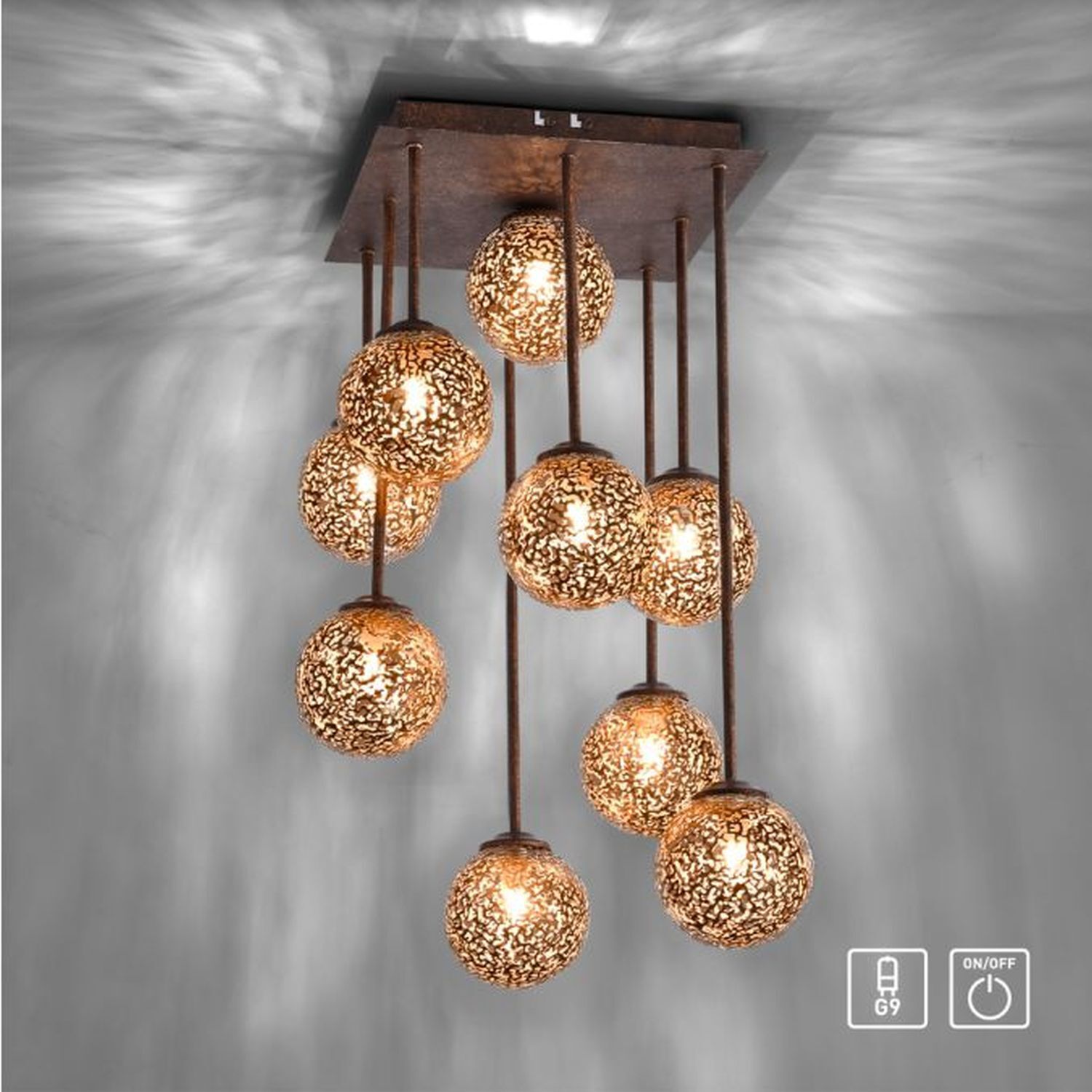 Rustikale Deckenlampe Metall G9 9-flammig Kugeln Gold Leuchter, Lampe, Deckenleuchte