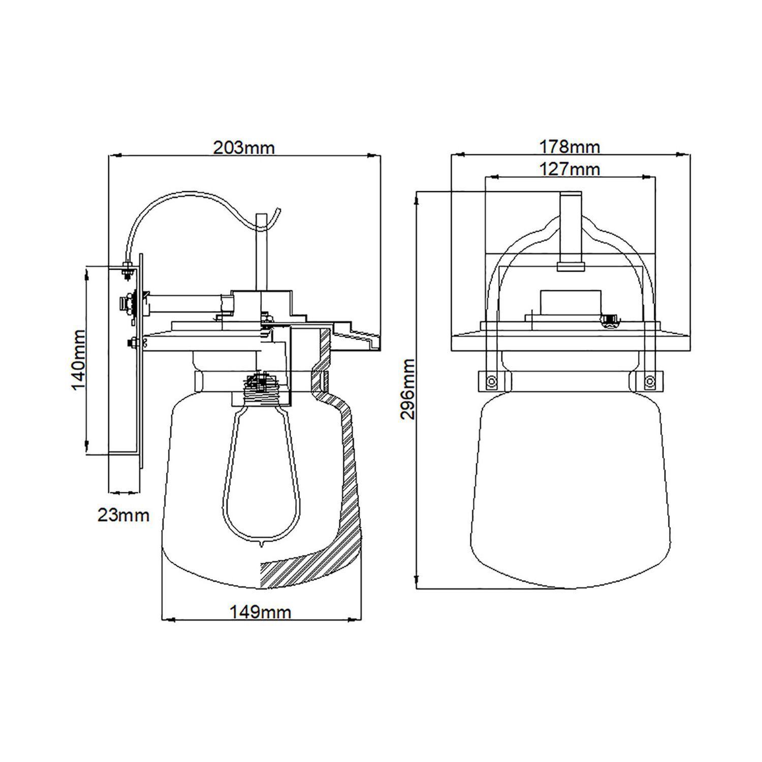 Vintage Außenleuchte E27 Aluminium Glas H: 29,6 cm IP44 Sinken, Waschbeckenhahn, Drinnen, CAD-Diagramm, Diagramm