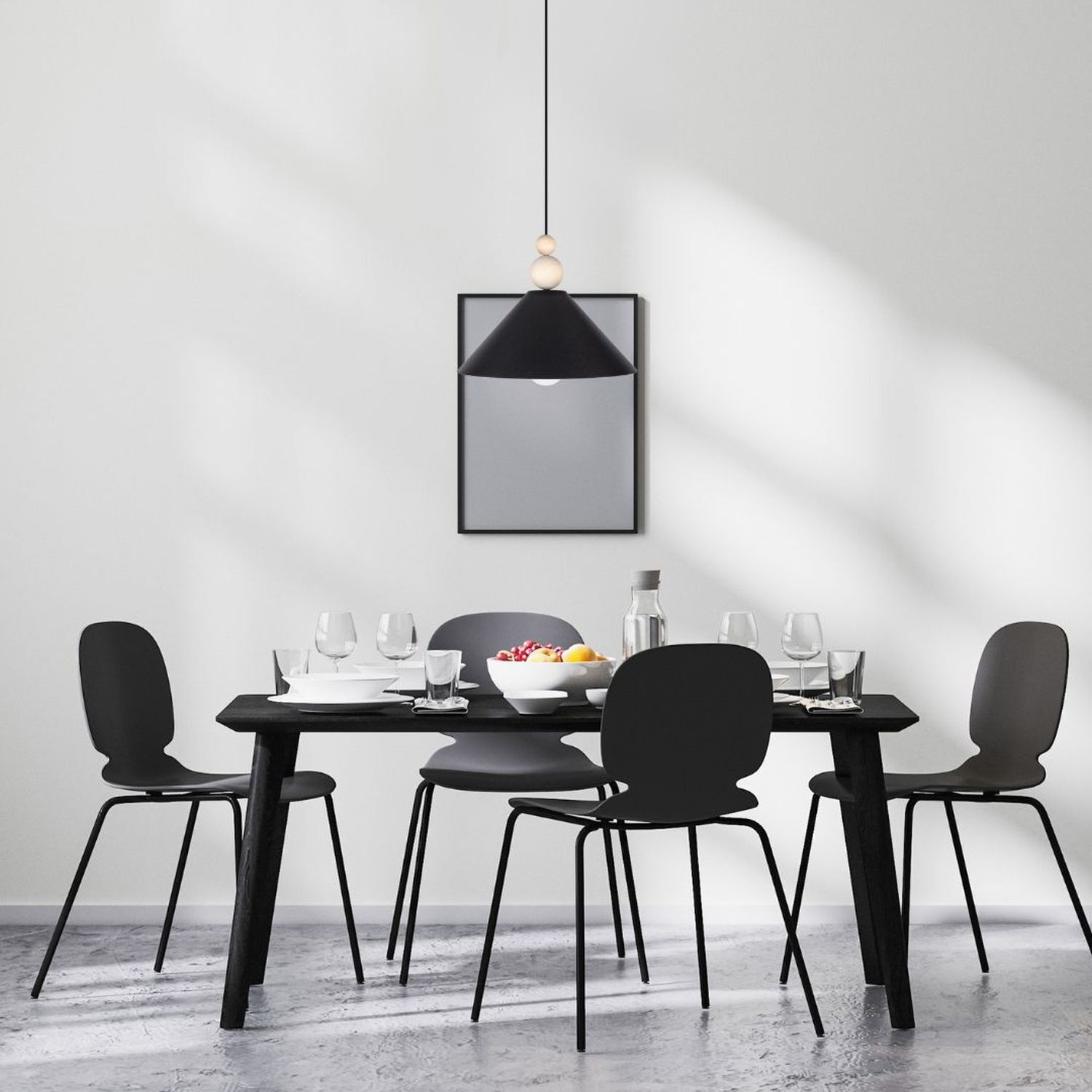 Schwarze Hängeleuchte Holz Metall Ø26 cm E27 gemütlich Esstisch, Schwarz, Stühle, Gedeck, Beleuchtung