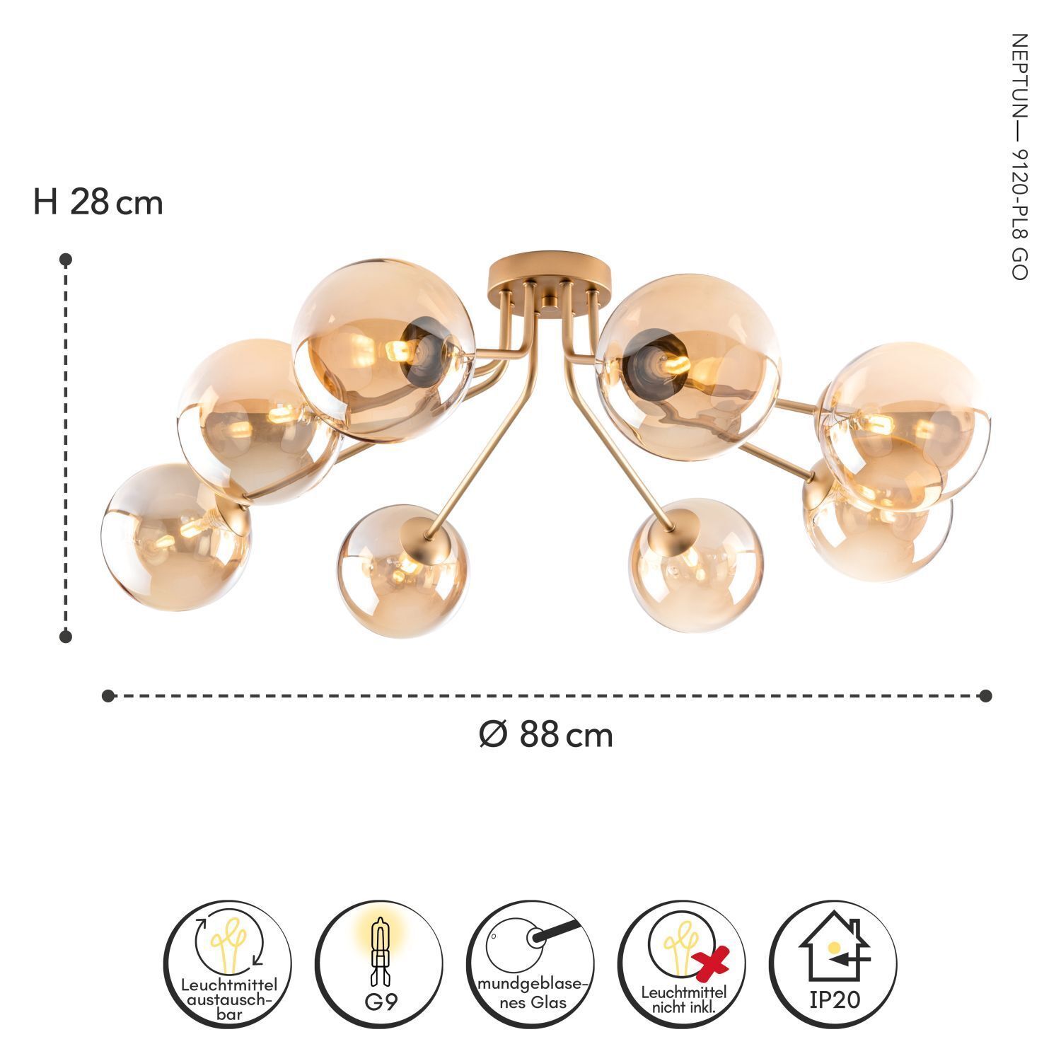 Deckenlampe Glas Metall Messing Champagner L:88 cm G9 Leuchte, Kronleuchter, Lampe, Deckenleuchte