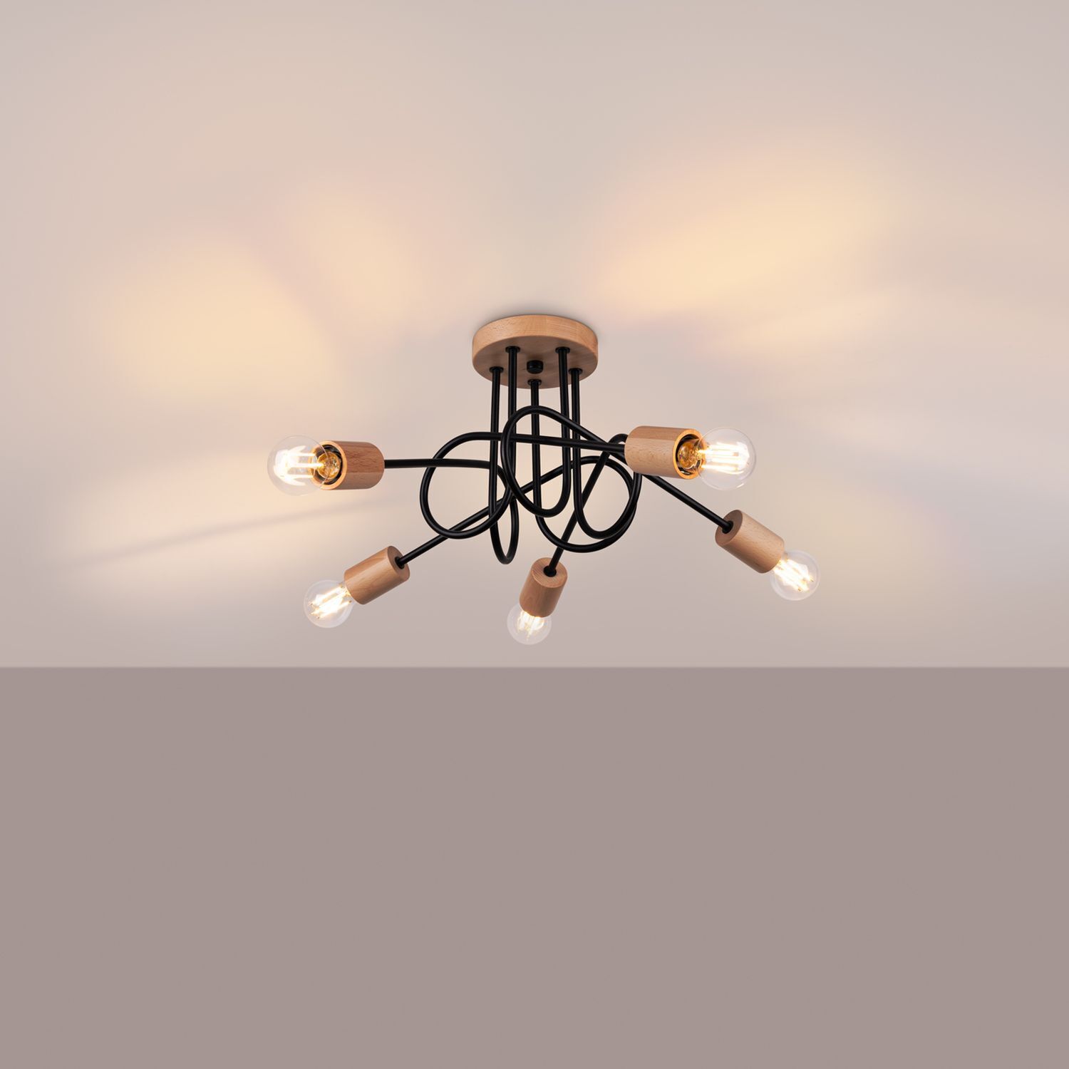 Deckenleuchte Holz Stahl Schwarz E27 L:61 cm 5-flammig Deckenleuchte, Kugel-Lampe, Metallkabel, Holzfassung, E27-Lampe