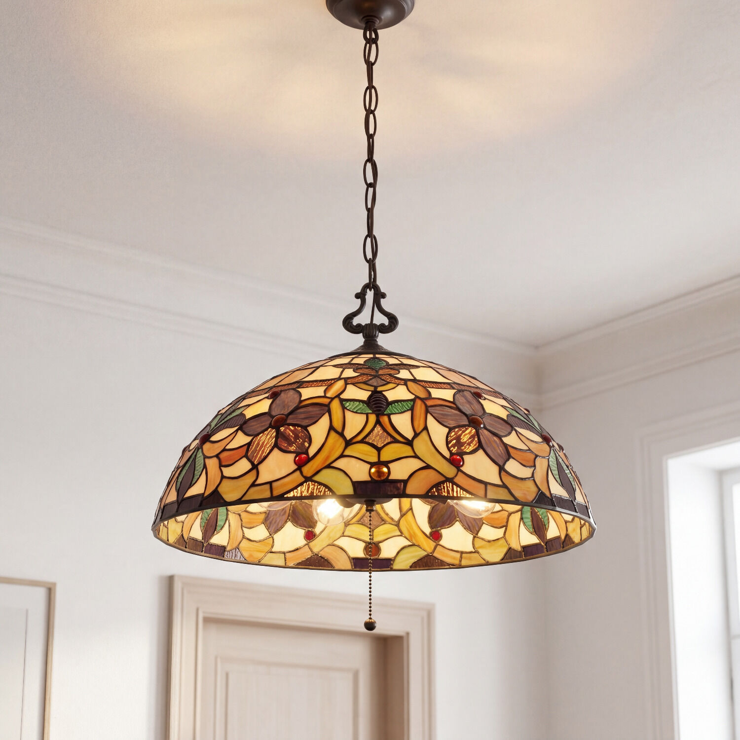 haengeleuchte-pendelleuchte-haengelampe-farfalla-6-3-flammig-bronze-antik-gelb-gold-orange-tiffany-stil-07 Deckenleuchte, Tiffany-Lampenstil, Glasschirm, Kettenaufhängung, Blumenmuster