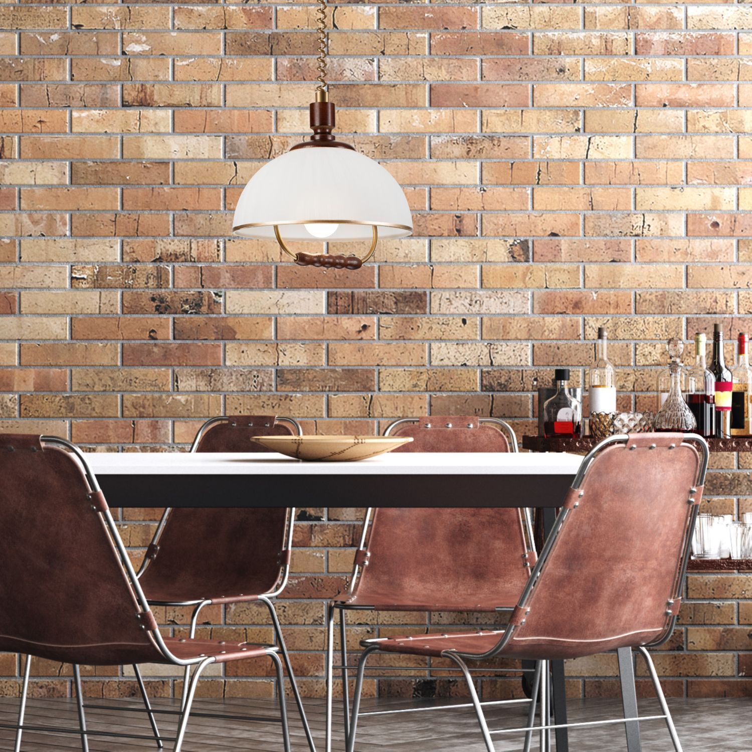 Ziegelwand, Esszimmer, Hängeleuchte, braune Stühle, Barbereich