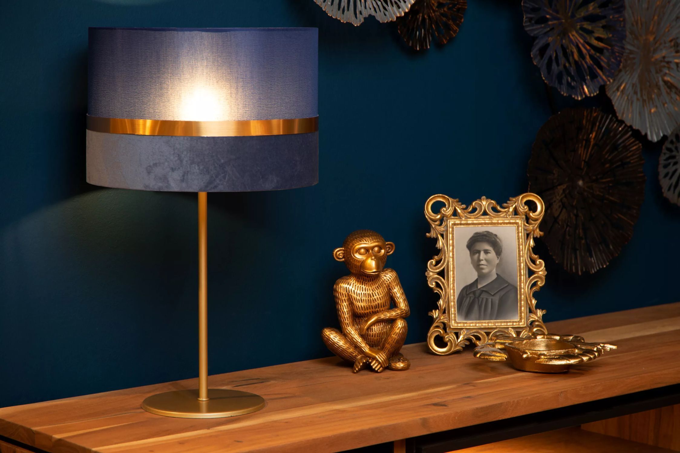 Tischlampe Stoffschirm Blau Gold 50 cm E14 blendarm Lampe, Klebeband, Person