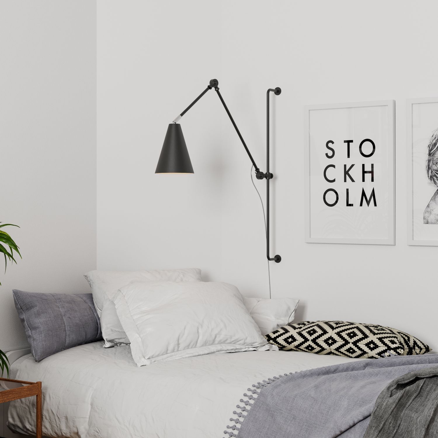 Bett, Kissen, Bettwäsche, Wandlampe, Dekoration