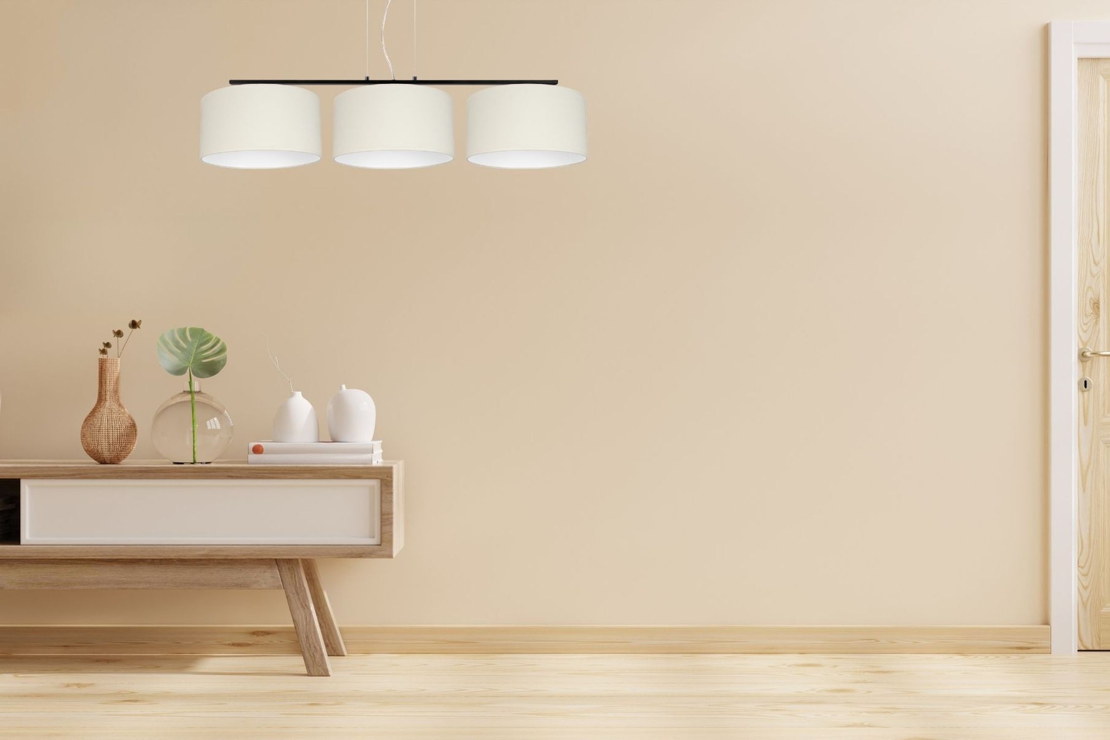 Pendelleuchte, Deckenlampe, moderner Innenraum, holzkonsole, Dekorvase