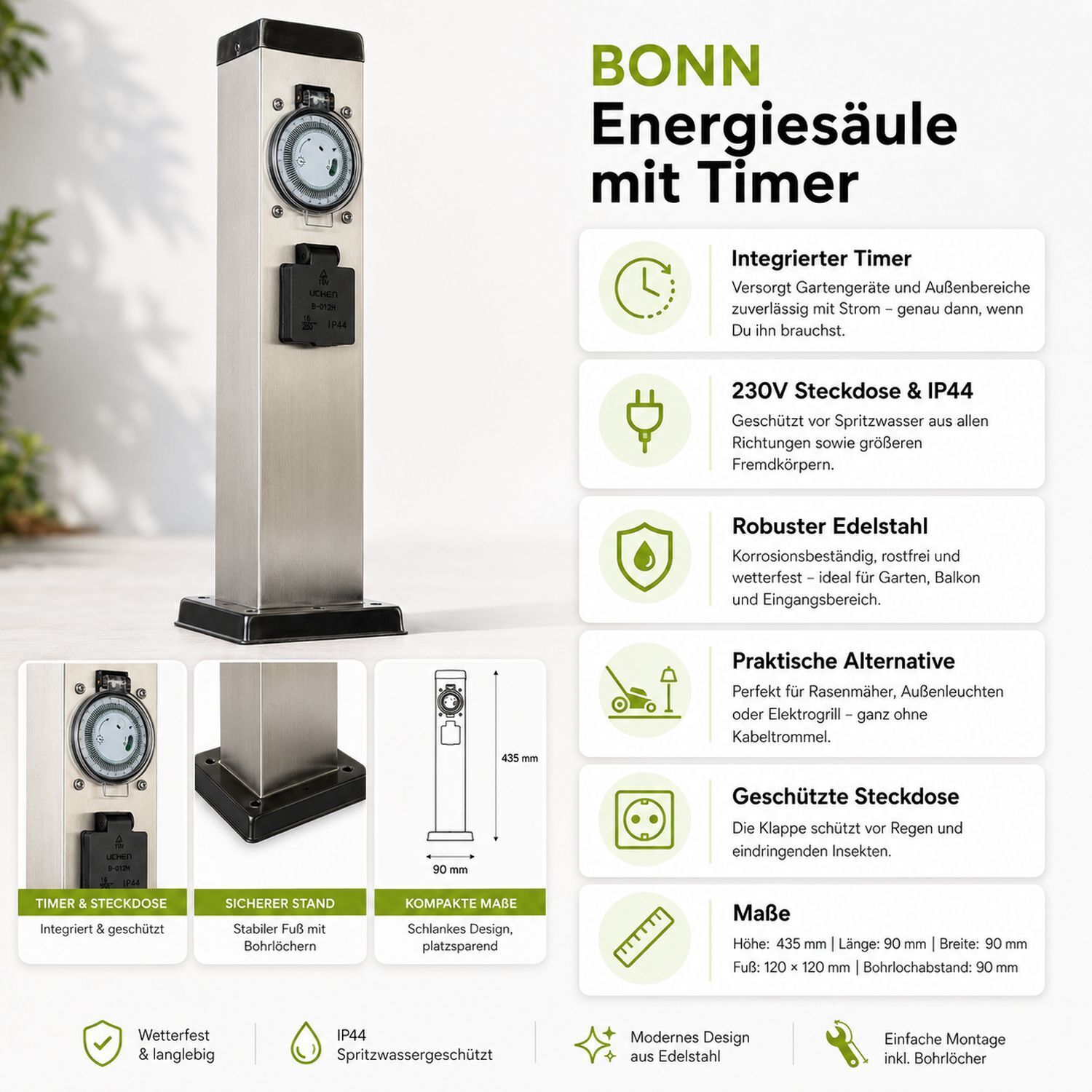 energiesaeule-mit steckdose-und-timer-fuer-aussen-garten-terrasse-edelstahl-3 Energiesäule, Timer, Edelstahl, Standfuß, IP44