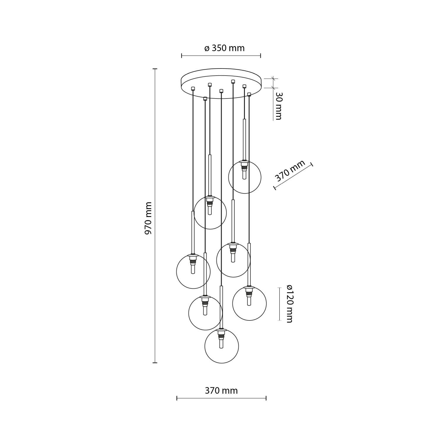 Pendelleuchte Glas Metall H: max. 97 cm verstellbar 7x G9