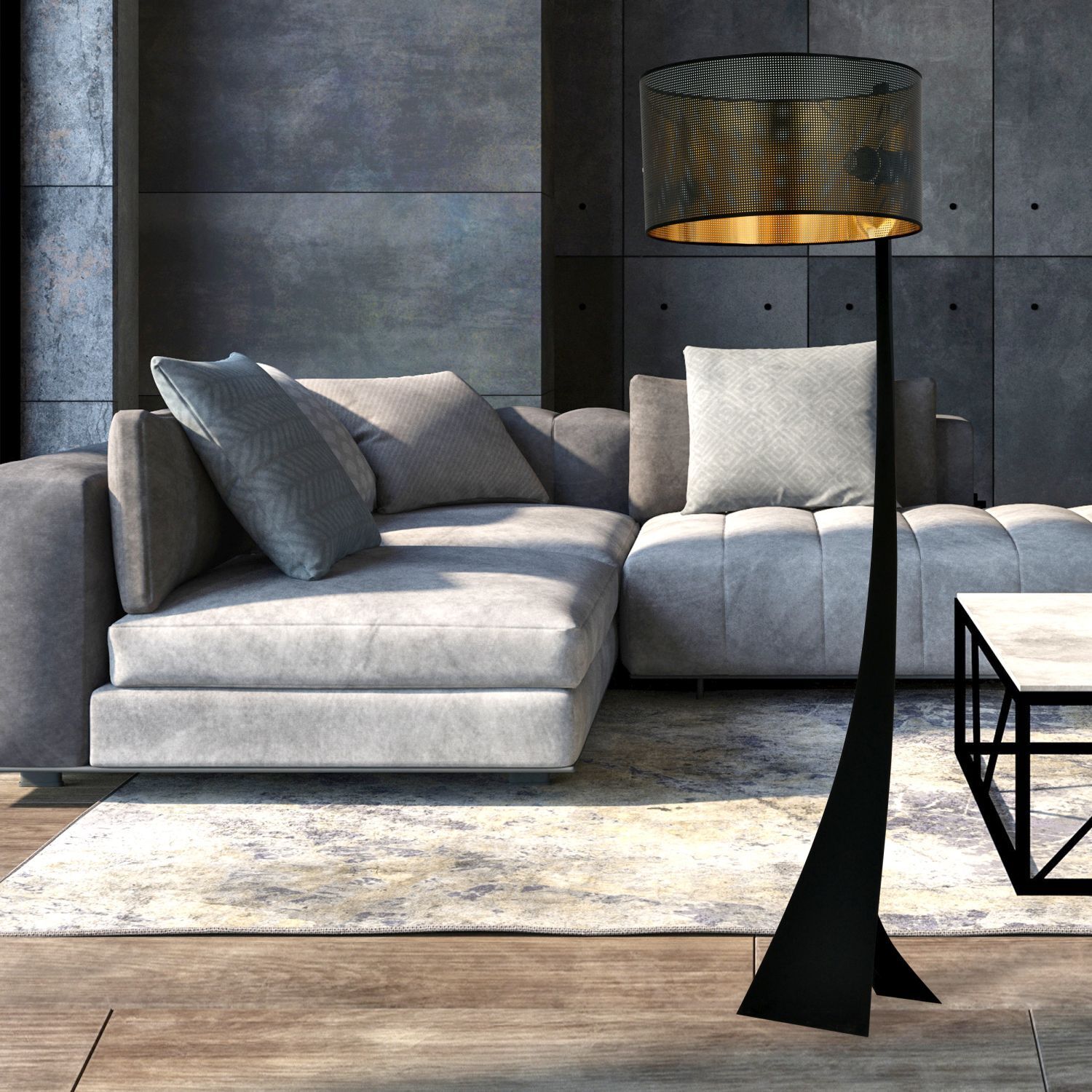 Stehleuchte Stoff Metall 157 cm Modern in Schwarz Gold E27 Lampe, Stehlampe