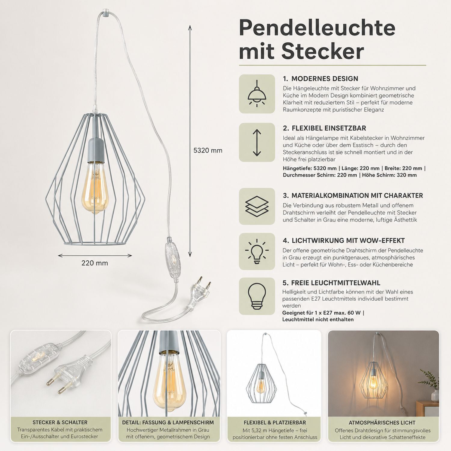 Hängelampe mit Stecker Kabel 5,5 m lang Grau flexibel Hängelampe, Pendelleuchte, Metallrahmen, Spiraldraht, E27 Leuchte