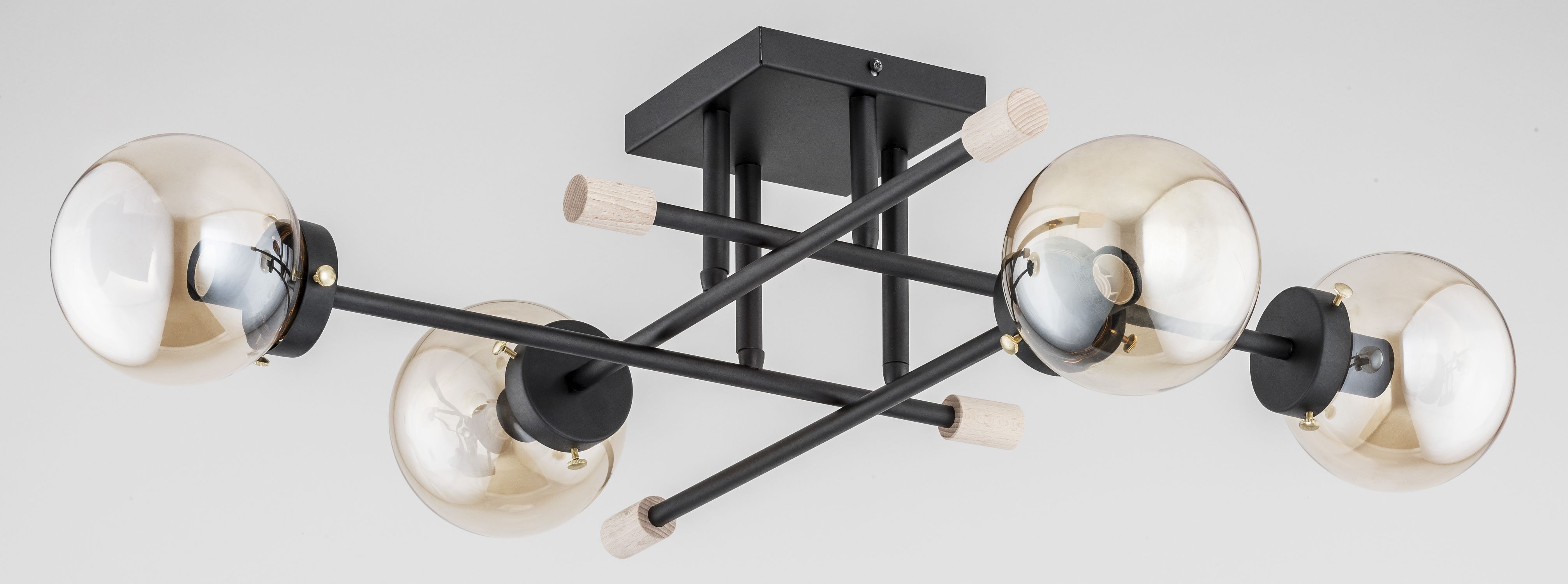 Deckenleuchte, Geometrische Leuchte, Schwarz, Glasbollar, Holzende