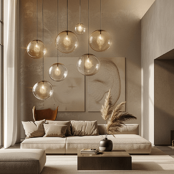 Kugellampen Wohnzimmer, Kugelleuchte, Wohnambiente, Sofa, Deko