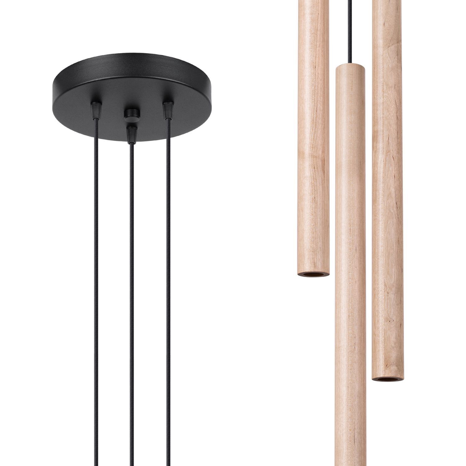 Runde Hängelampe Holz Natur G9 L:19,5 cm 3-flammig Pendelleuchte, hängende Lampe, Holzstangen, schwarze Deckenplatte, Kabelaufhängung