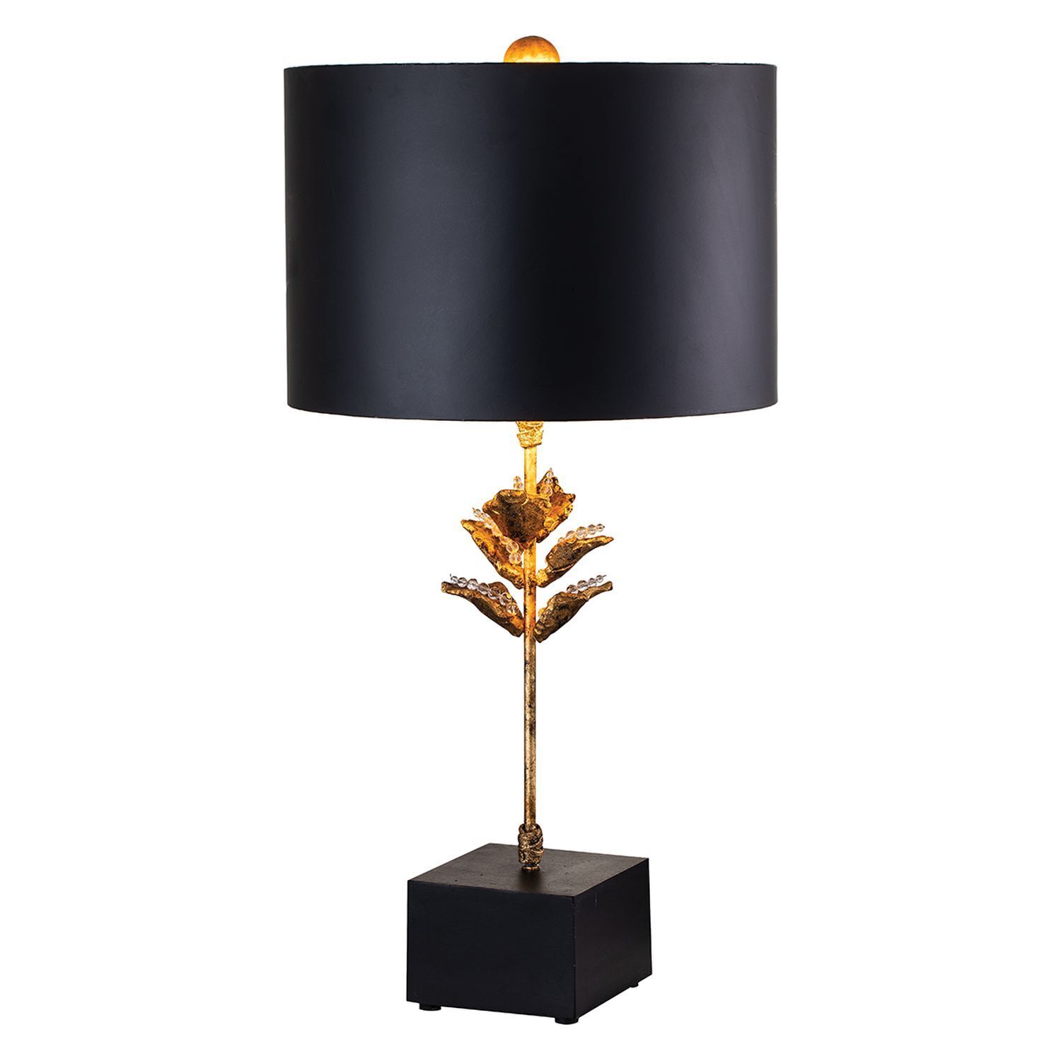 Tischlampe, Schwarz, Gold, Blattmotiv, Schirm