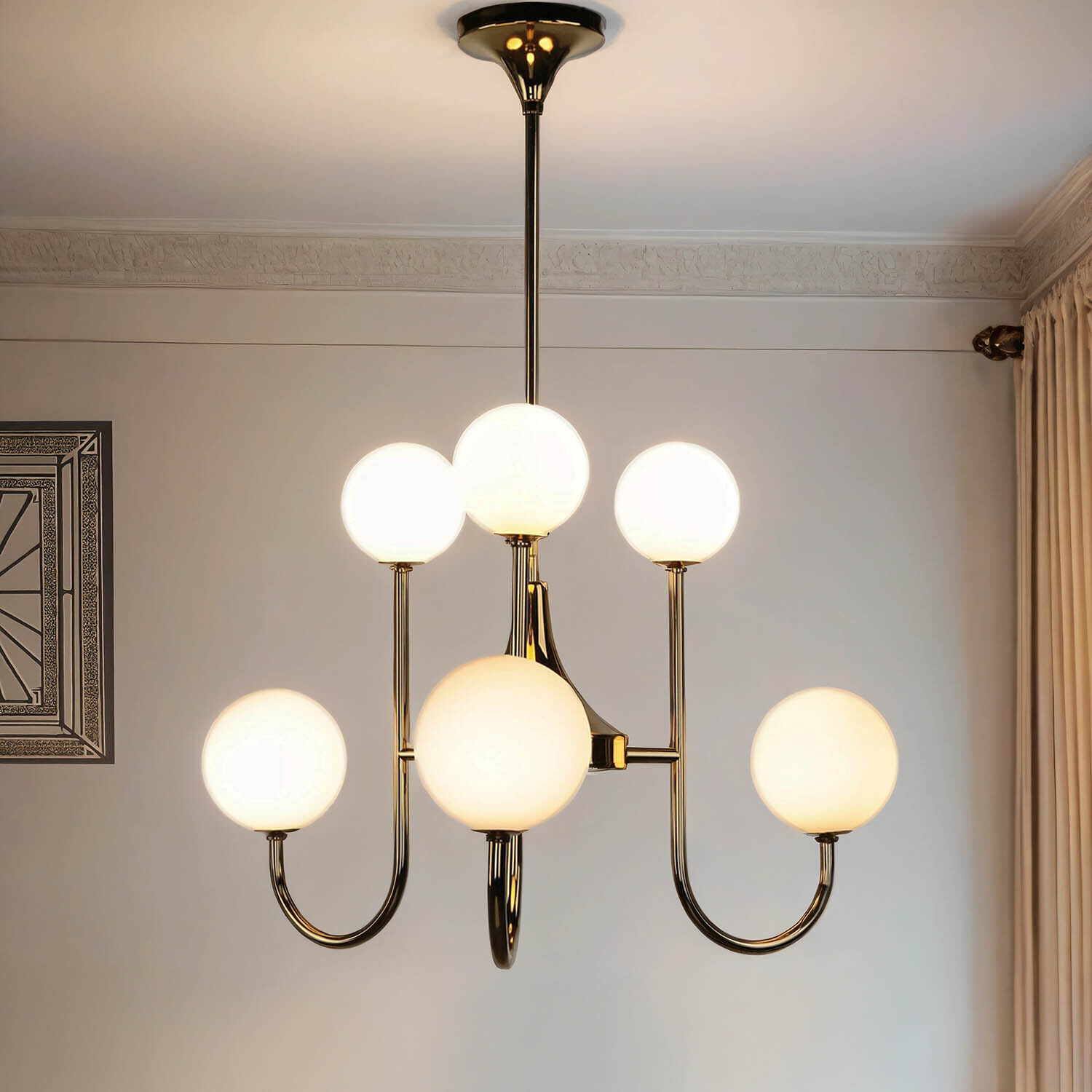 Deckenleuchte Jugendstil Messing Glas in Gold 6-flammig Leuchter, Lampe, Deckenleuchte