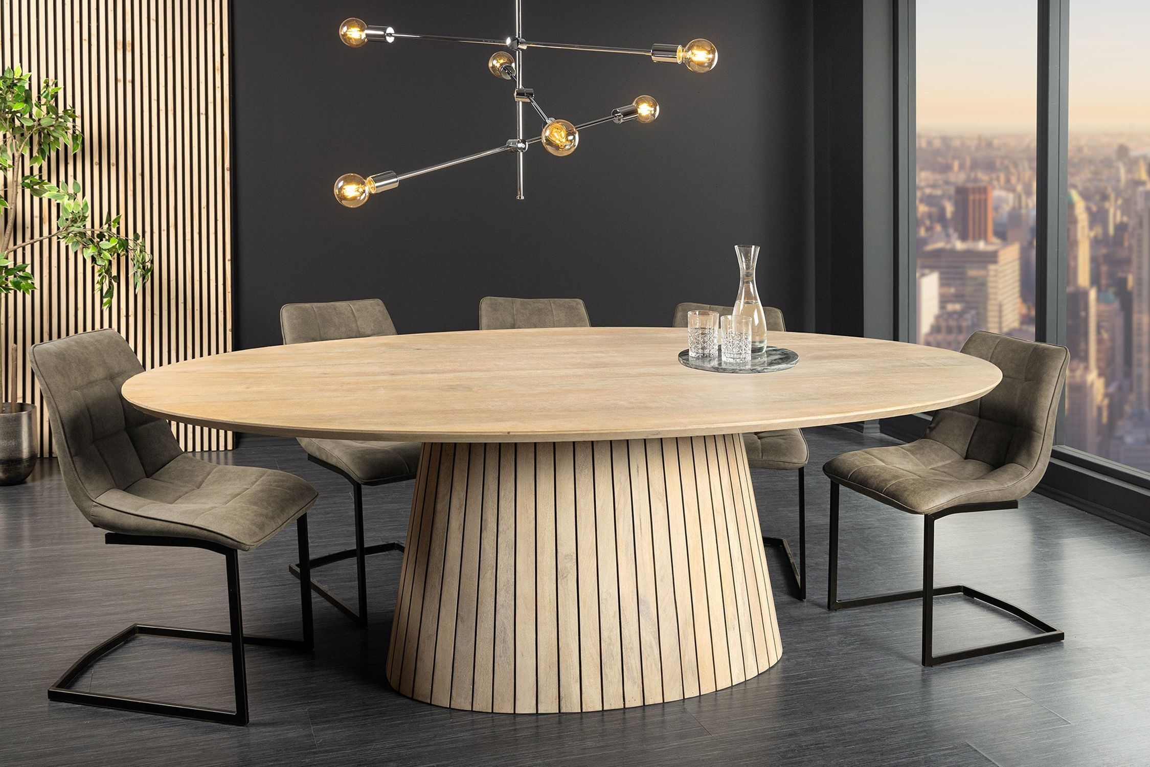 Table de salle à manger ovale en bois 220 cm de long Japandi pied colonne