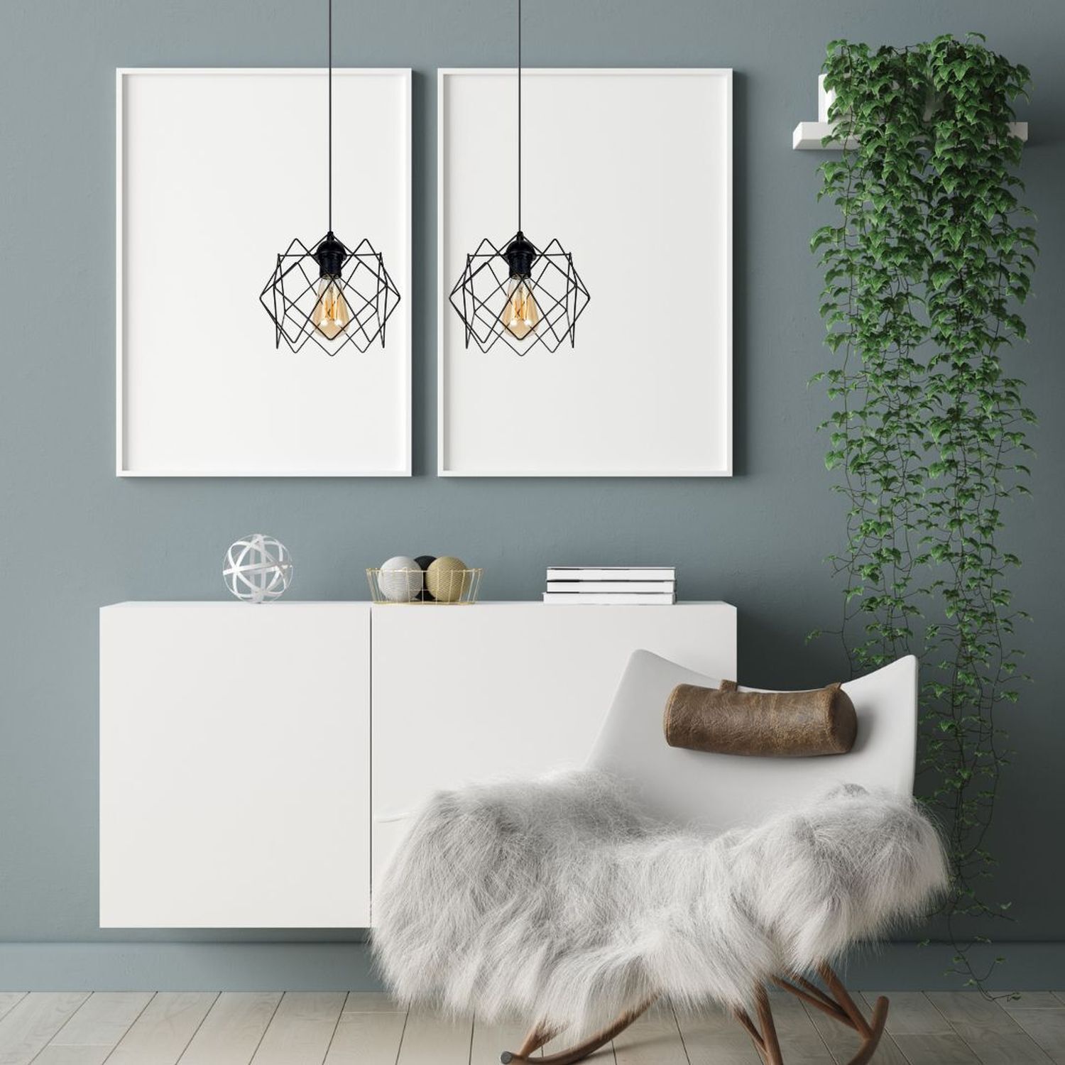 hängende Pendelleuchte, geometrischer Rahmen, Wanddeko, weißer Schrank, Fell-Schemel