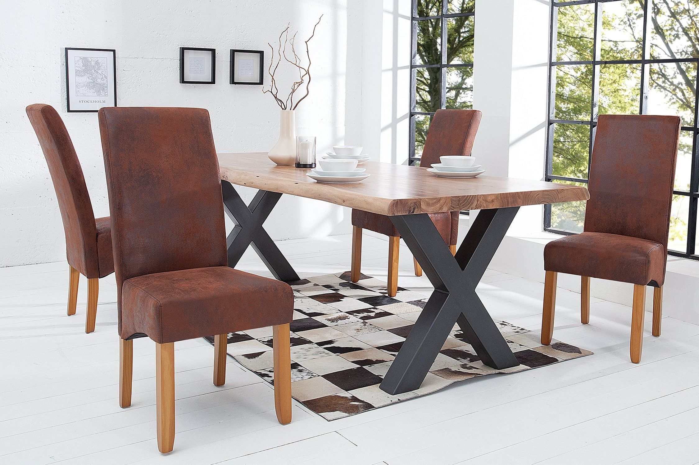 Chaise de salle à manger tissu bois sans accoudoirs brun style colonial Moebel, Tabelle, Esstisch, Esszimmer, Tischplatte