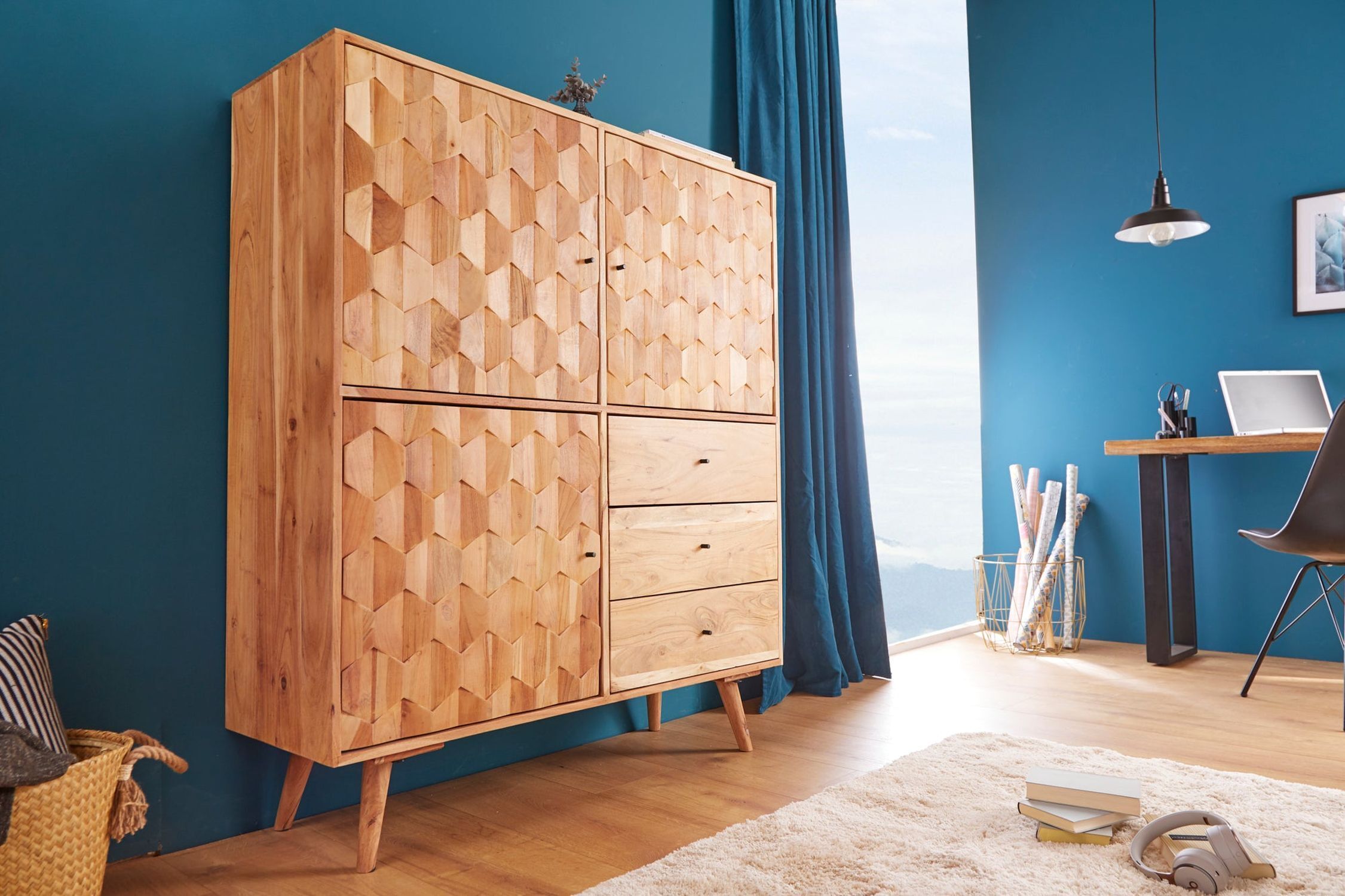Highboard bois acacia 118 x 140 cm façade 3D tiroirs portes Moebel, Drinnen, Innenarchitektur, Holz, Kommode