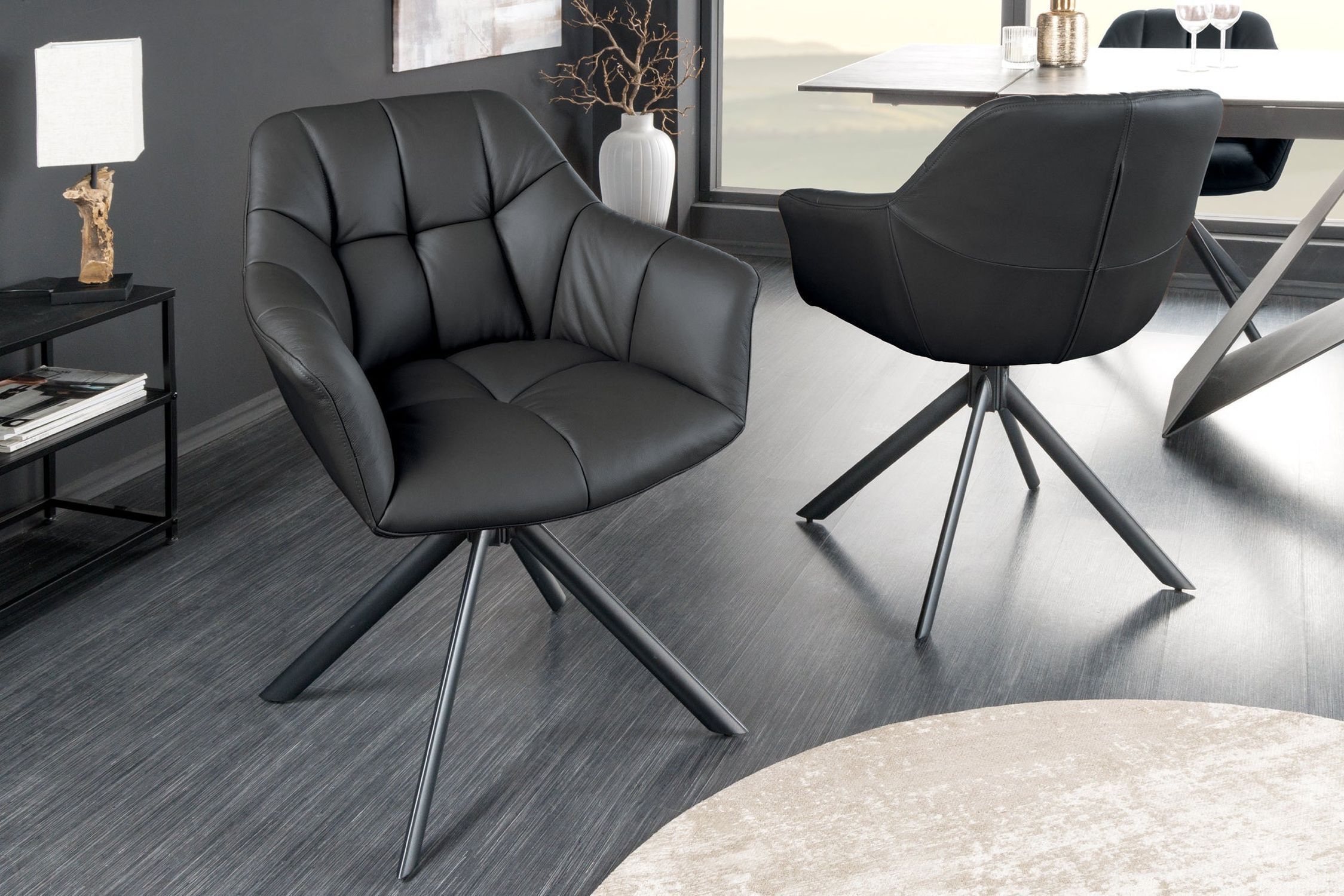 Bürostuhl Leder Metall B: 65 cm ohne Rollen Schwarz drehbar Moebel, Stuhl, Drinnen