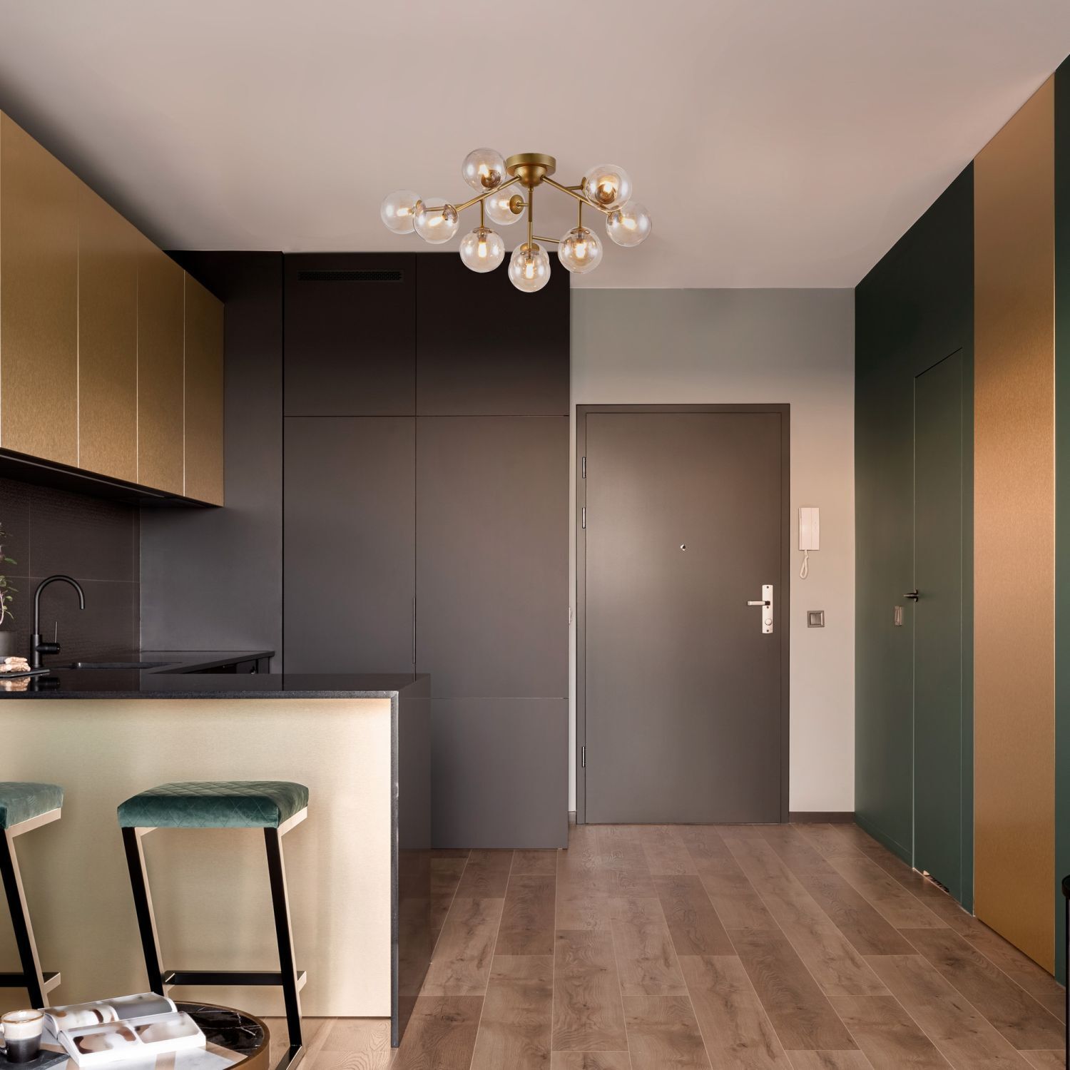 Deckenlampe Metall Rauchglas G9 60 cm breit Kugelschirm Drinnen, Innenarchitektur, Fußboden, Kronleuchter, Foyer