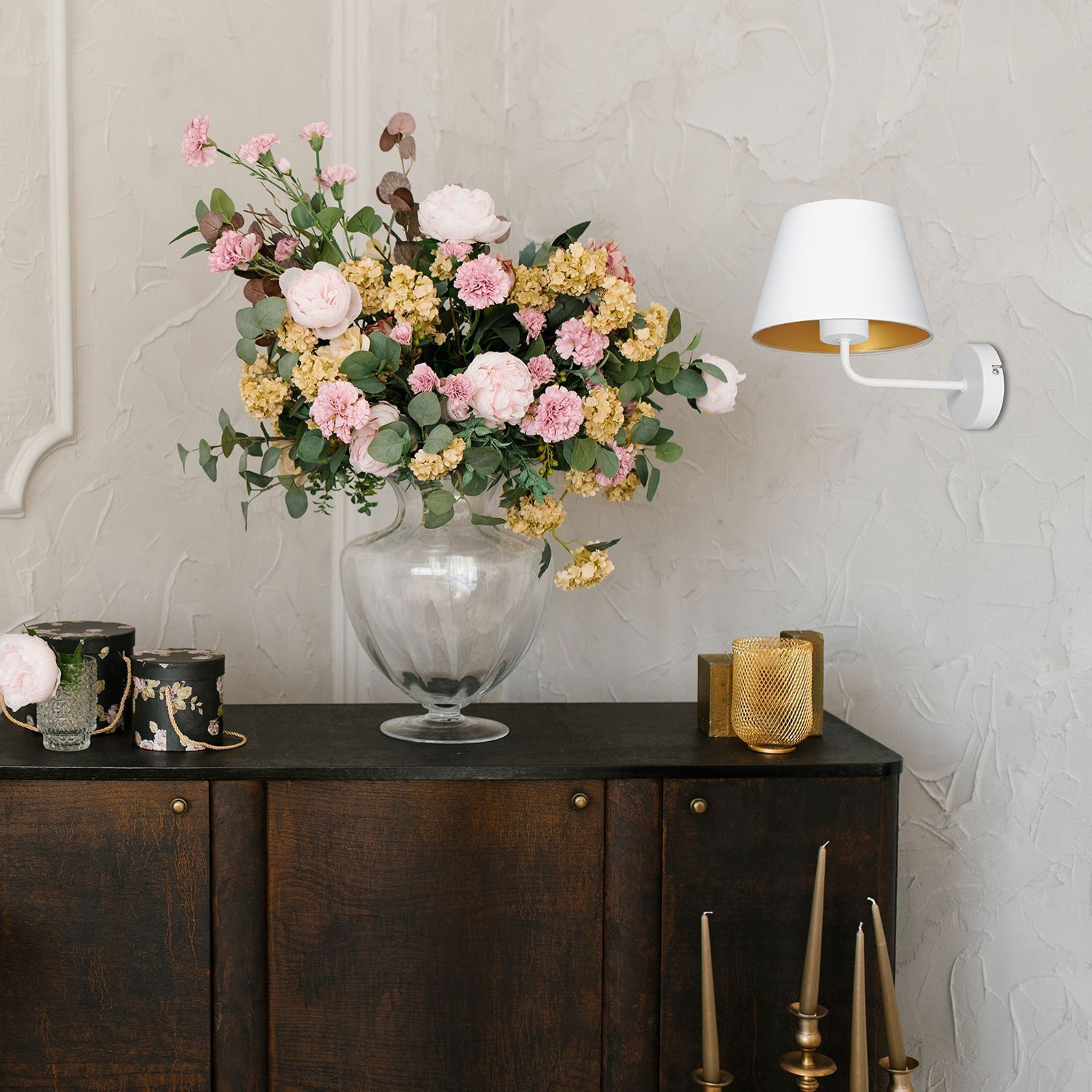 Blendarme Wandlampe Weiß Gold Stoff Metall E27 H:23 cm Blume, Blumen-Arrangement, Blumenstrauß, Lampe, Rose