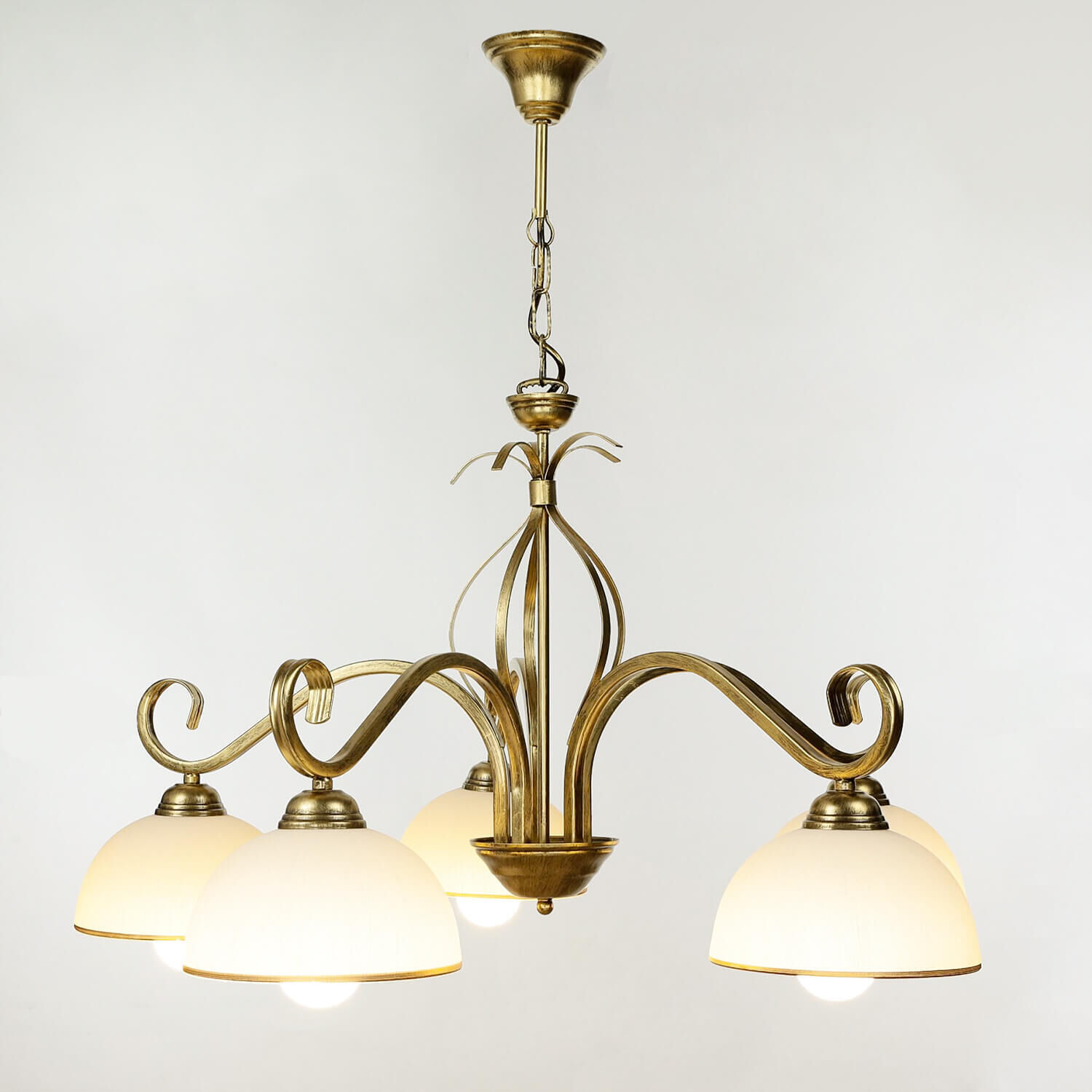 Deckenleuchte Gold Antik Weiß Glasschirm 5-flammig Leuchter, Lampe, Leuchte, Deckenleuchte