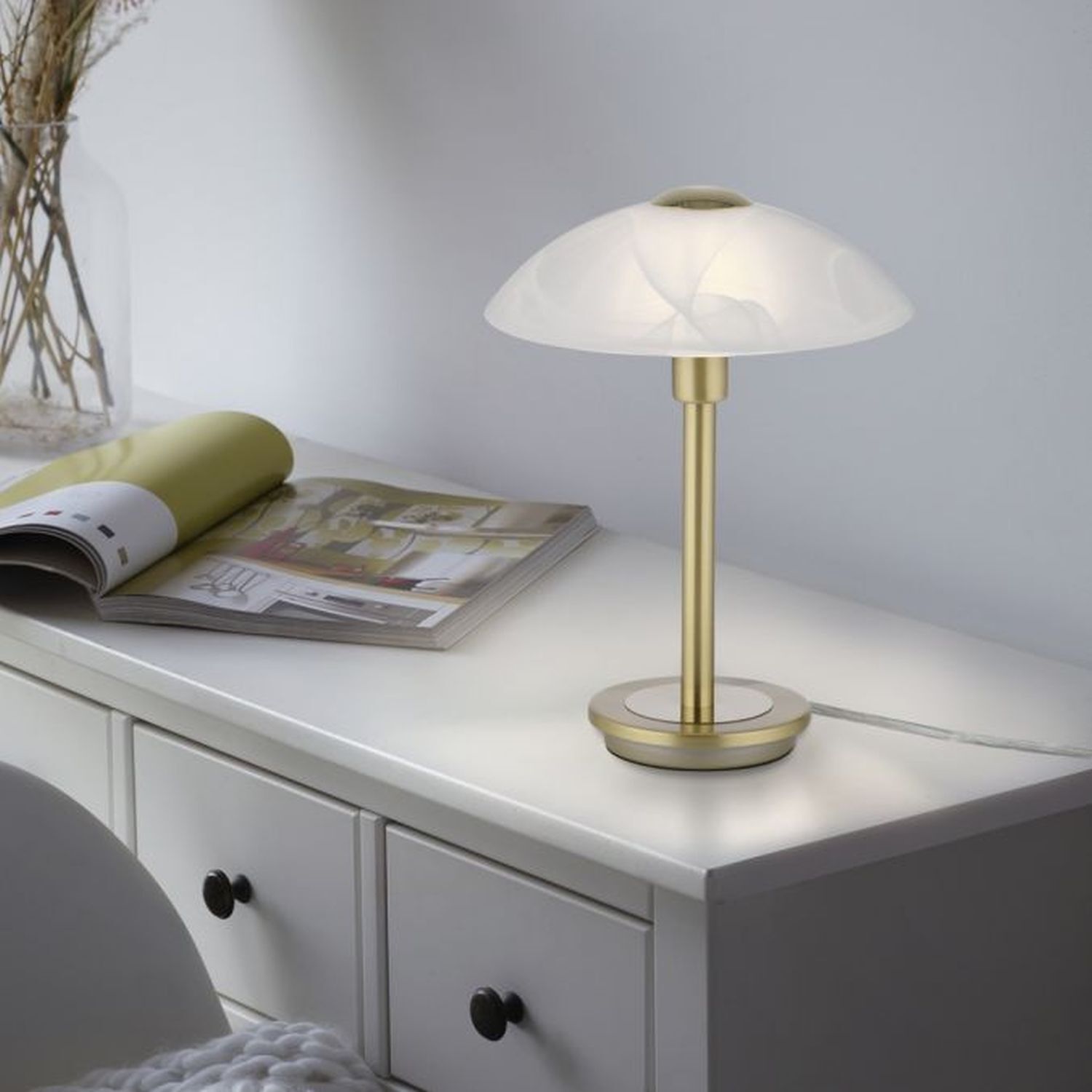 LED Tischleuchte dimmbar in Messing Alabasterglas 3 W Lampe, Buch, Veröffentlichung, Tischlampe