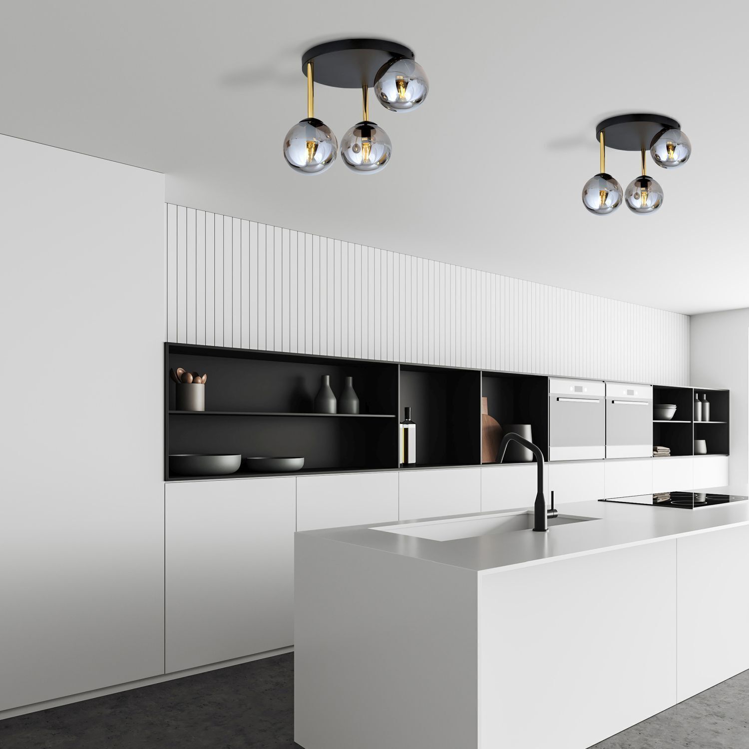 Deckenlampe rund Ø 40 cm E14 Schwarz Grau Gold Glas Metall Drinnen, Innenarchitektur, Küche, Spüle, Kronleuchter