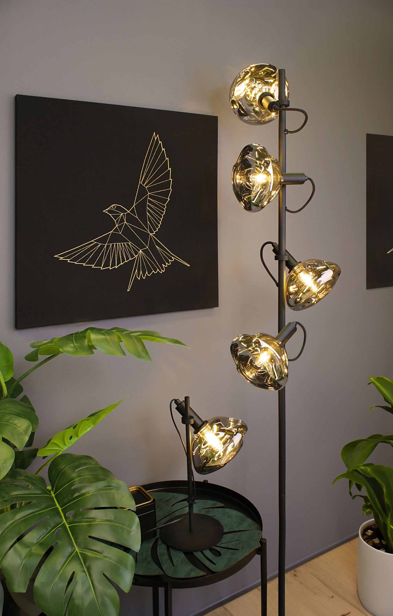 Stehlampe Glas Aluminium in Schwarz Silber 166 cm E14 Lampe, Pflanze