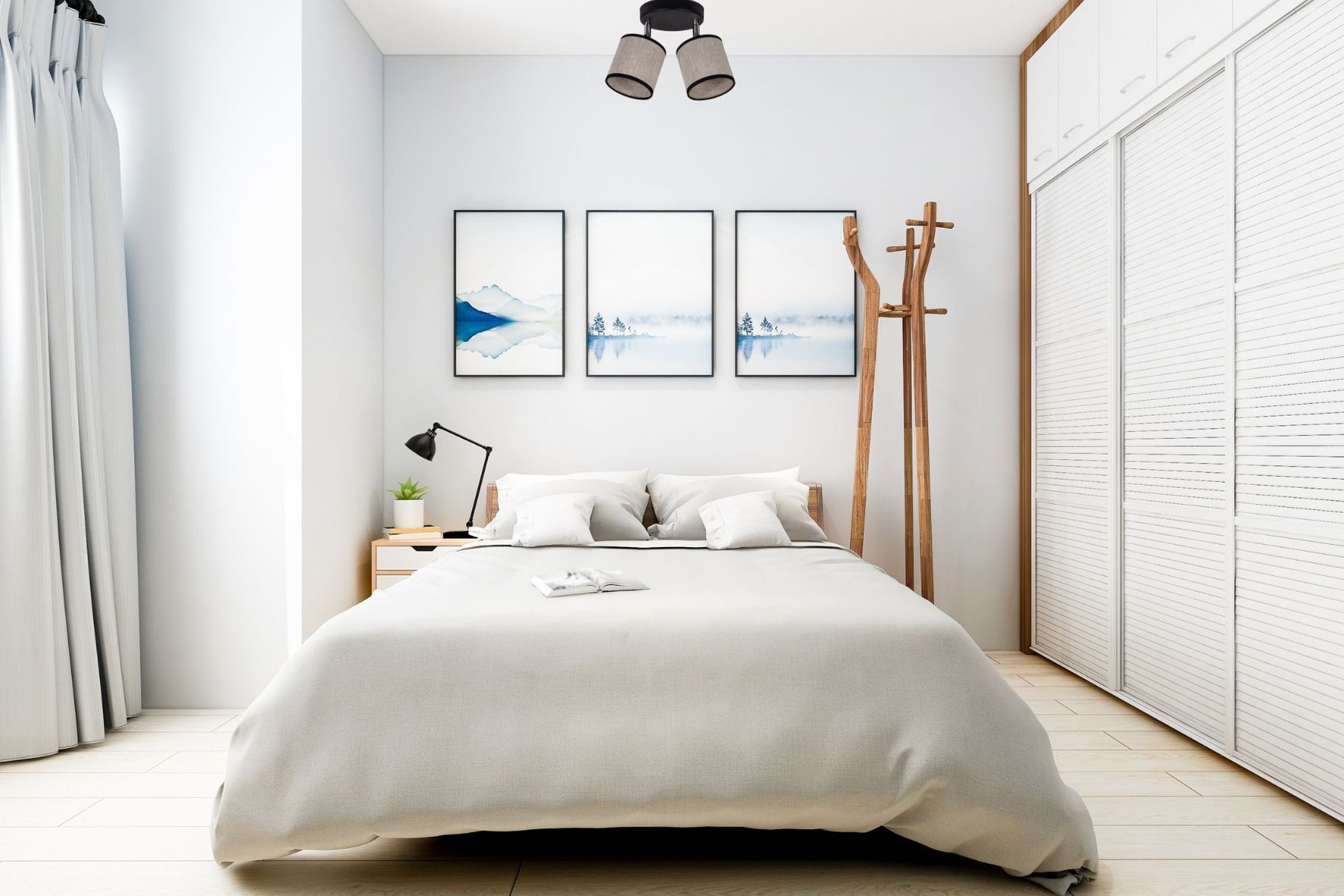Schlafzimmer, Bett, weiße Bettwäsche, Stehlampe, Wandbilder