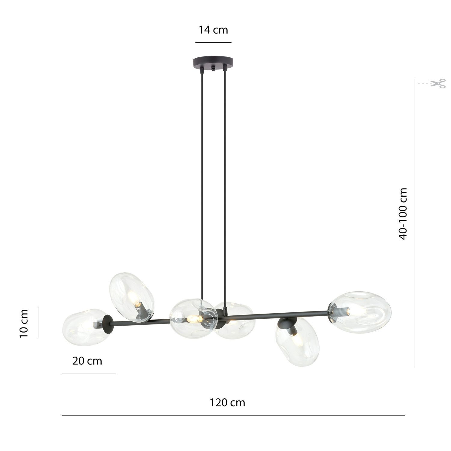 Suspension noir clair 6 flammes 120 cm de long