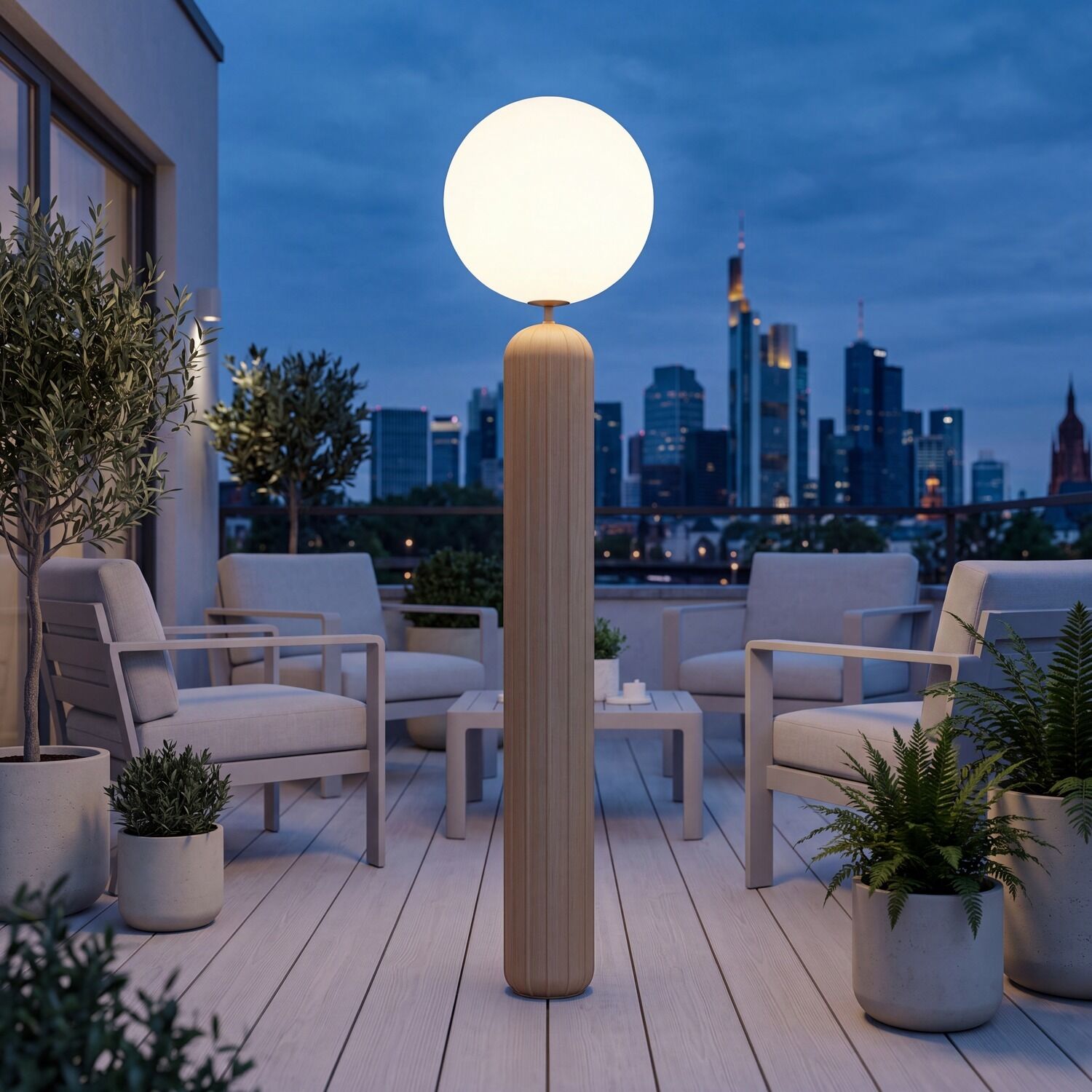 Außenlampe, Globuslampe, Holzpfosten, Dachterrassen-M furniture, Gartendekoration