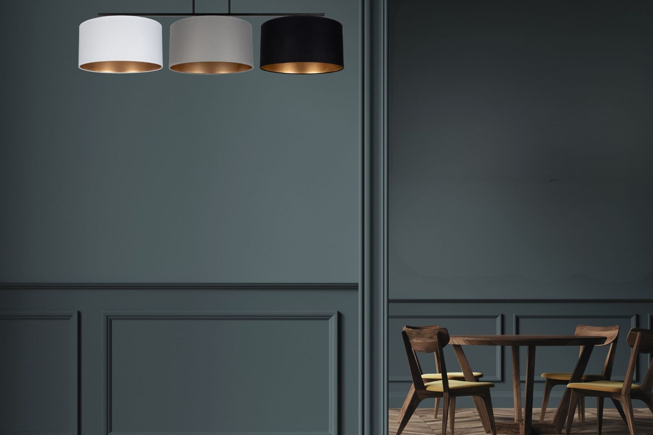 Deckenlampe Stoff Weiß Graphit Schwarz E27 100 cm lang Pendel-Lampe, Deckenleuchte, Dreischirmige Leuchte, Holzstühle, Esstisch