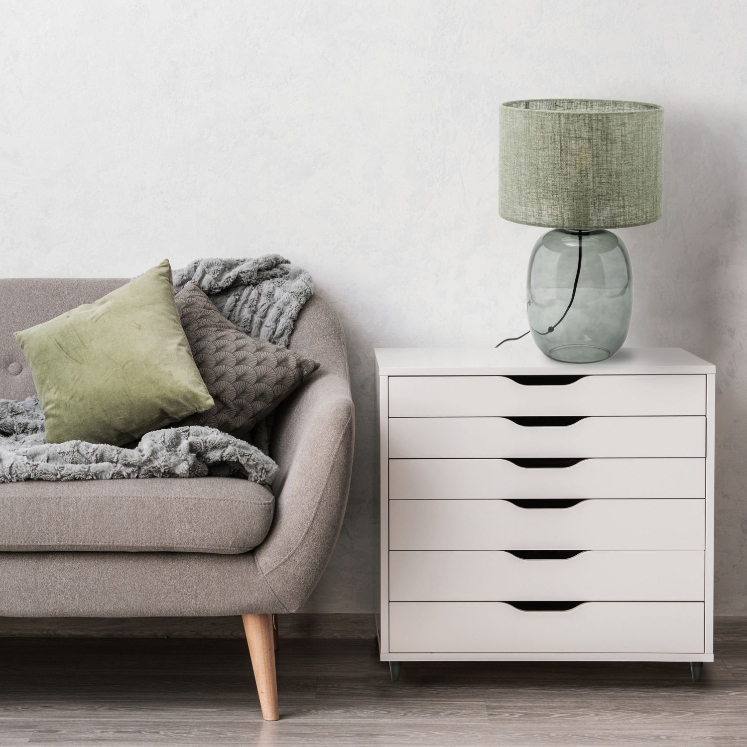 Lampe de table verre fumé tissu E27 H : 48 cm Ø 30 cm Gris Vert Moebel, Kommode, Lampe