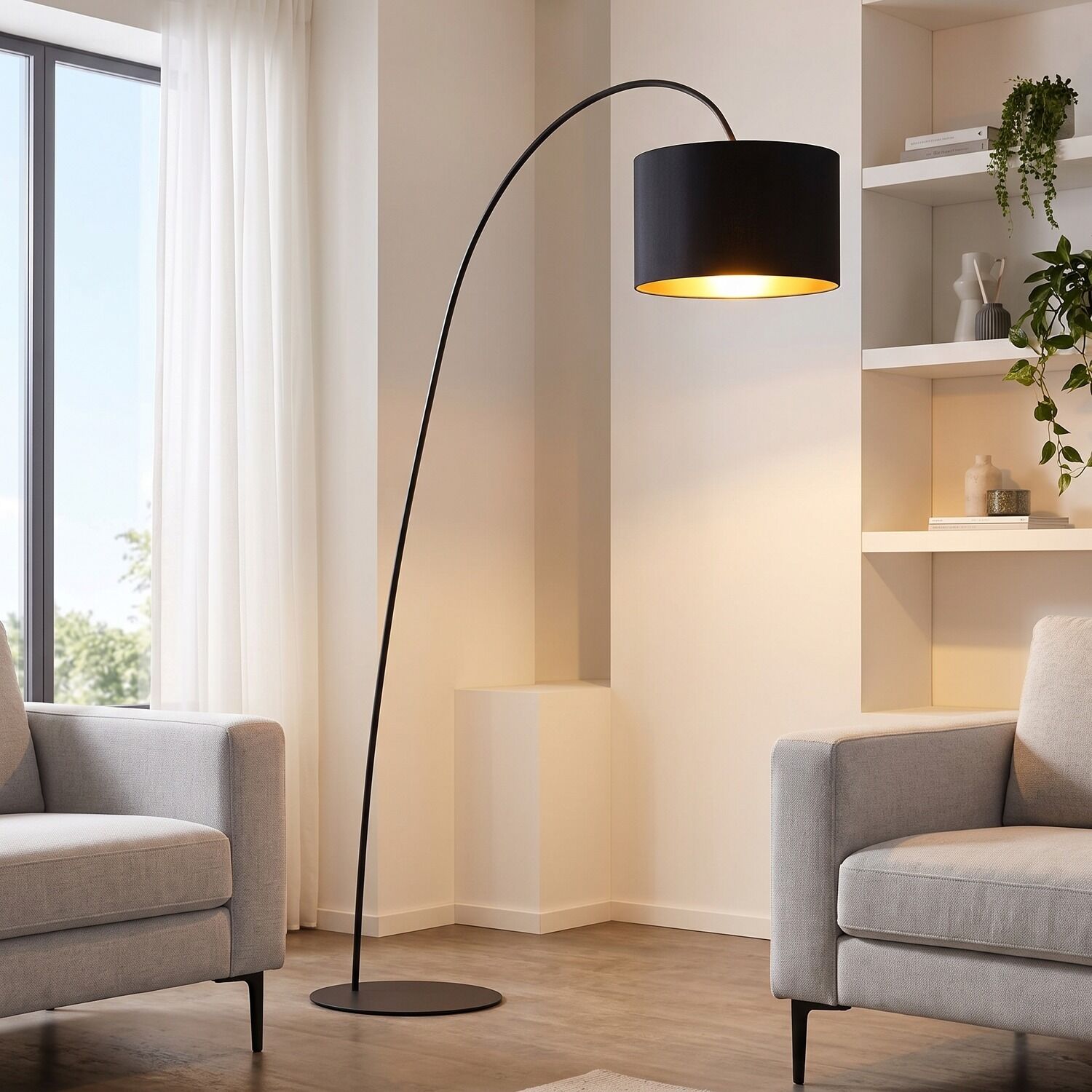 le67106-stehlampe-wohnzimmer-innen-metall-textil-modern-e27-ip20-schwarz-gold-01 Stehlampe, Arc-Lampe, Schwarz, Wohnzimmer, Beleuchtung