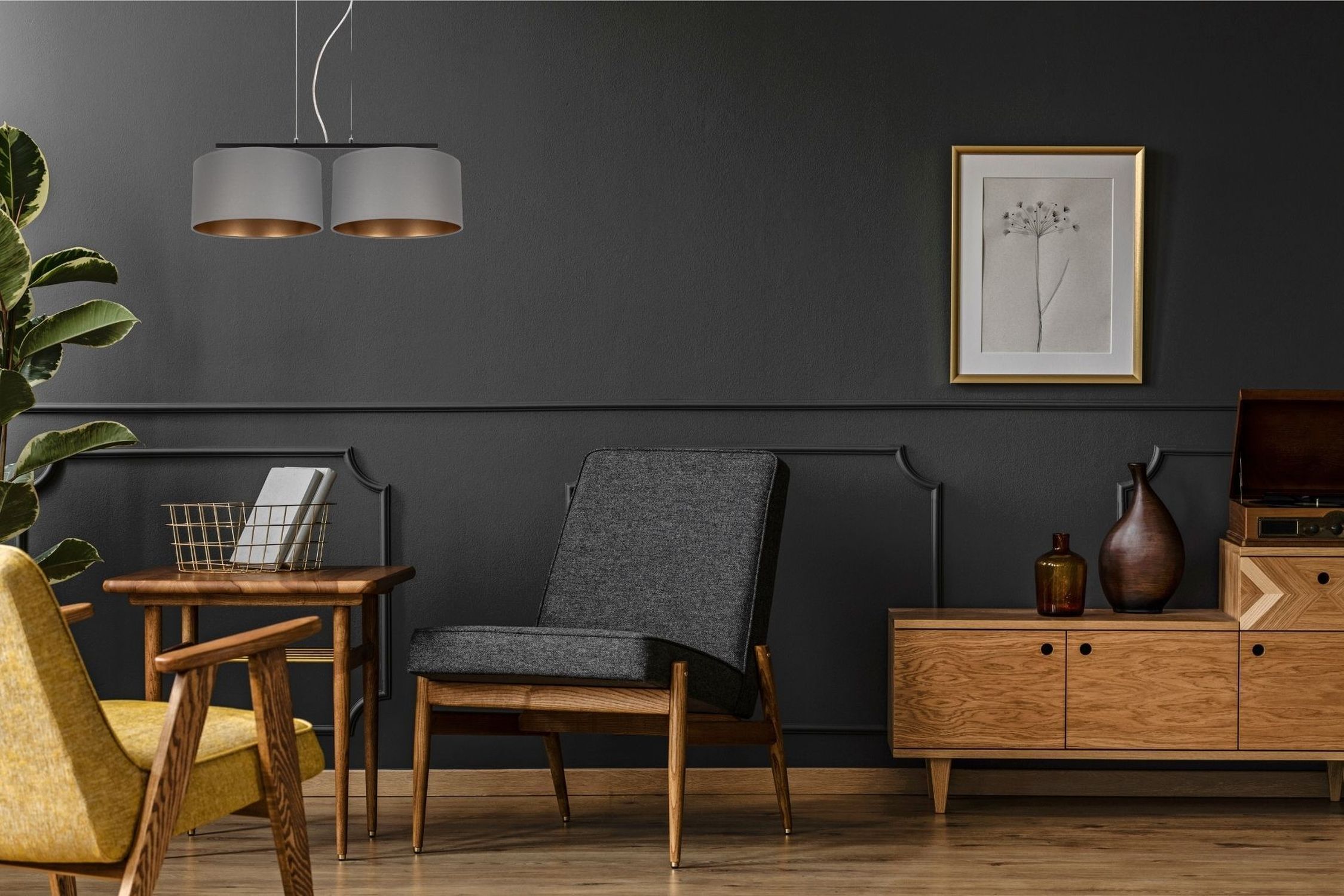 Wohnzimmer, Sessel, Holz, Dunkle-Wand, Dekoration