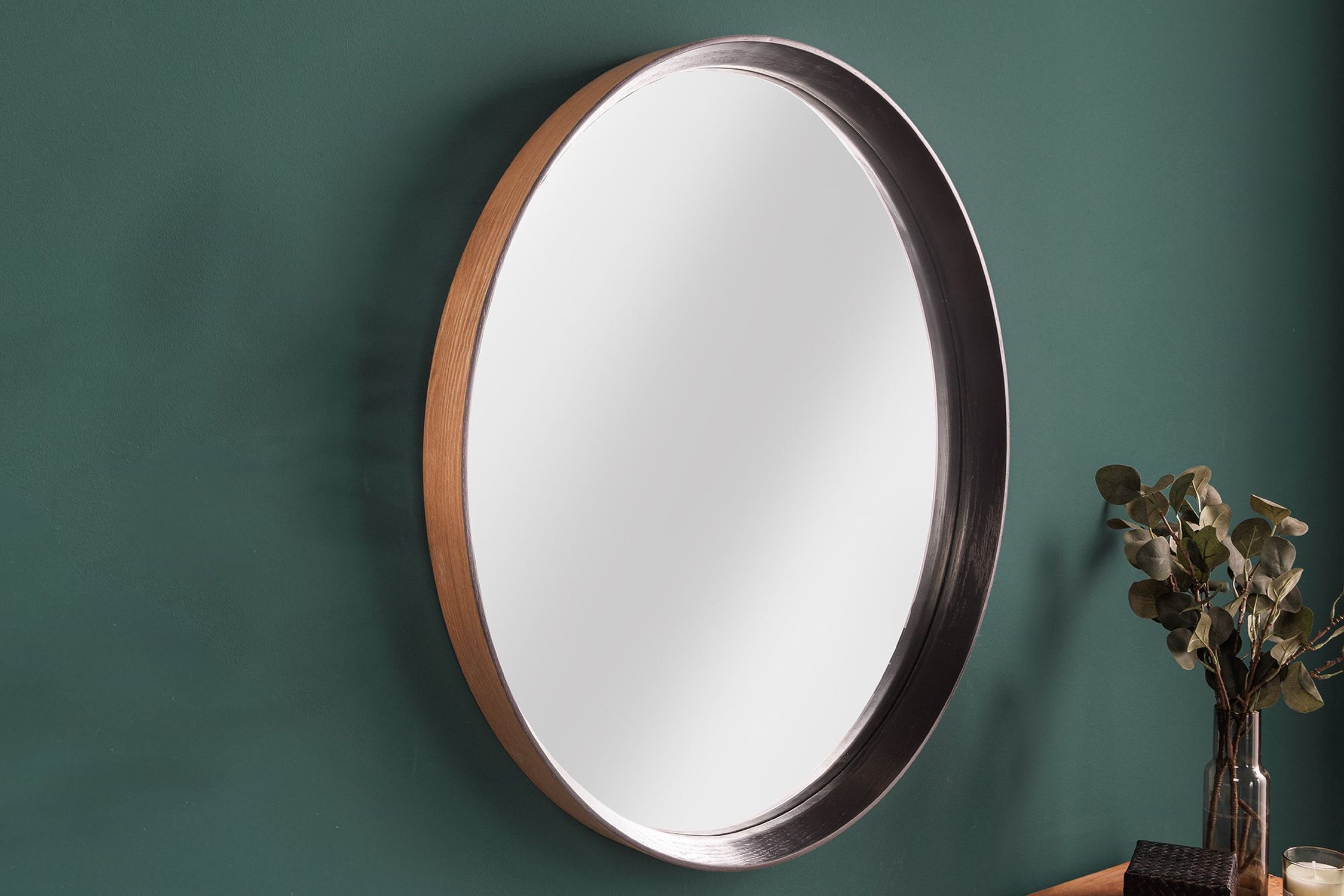 Wandspiegel Holz rund Ø 70 cm Handarbeit Schwarz Natur Photographie, Spiegel, Pflanze, Tasse