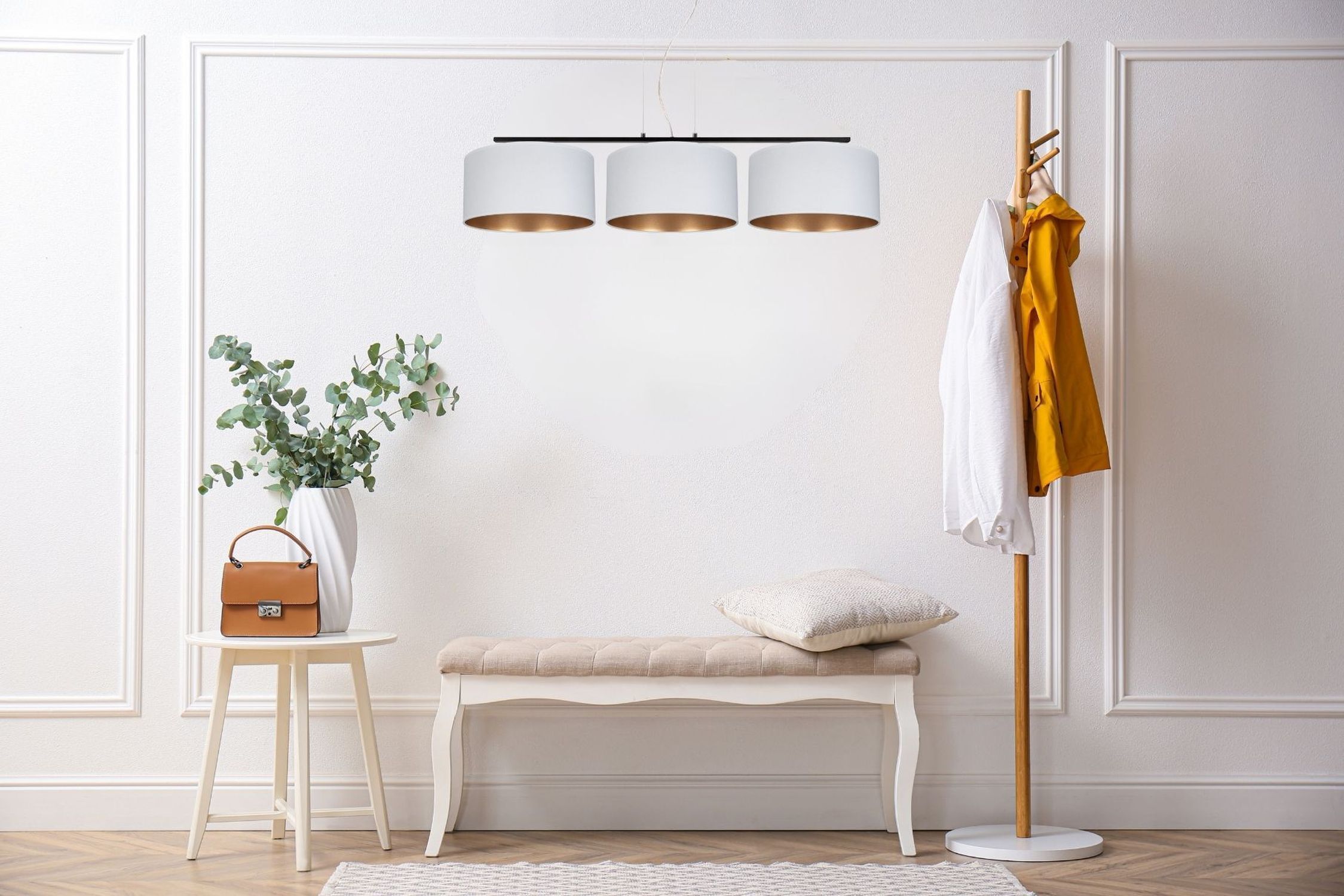 Gemütliche Pendelleuchte Stoff Weiß Gold E27 3-flammig Drinnen, Innenarchitektur, Lampe, Kleidung, Mantel