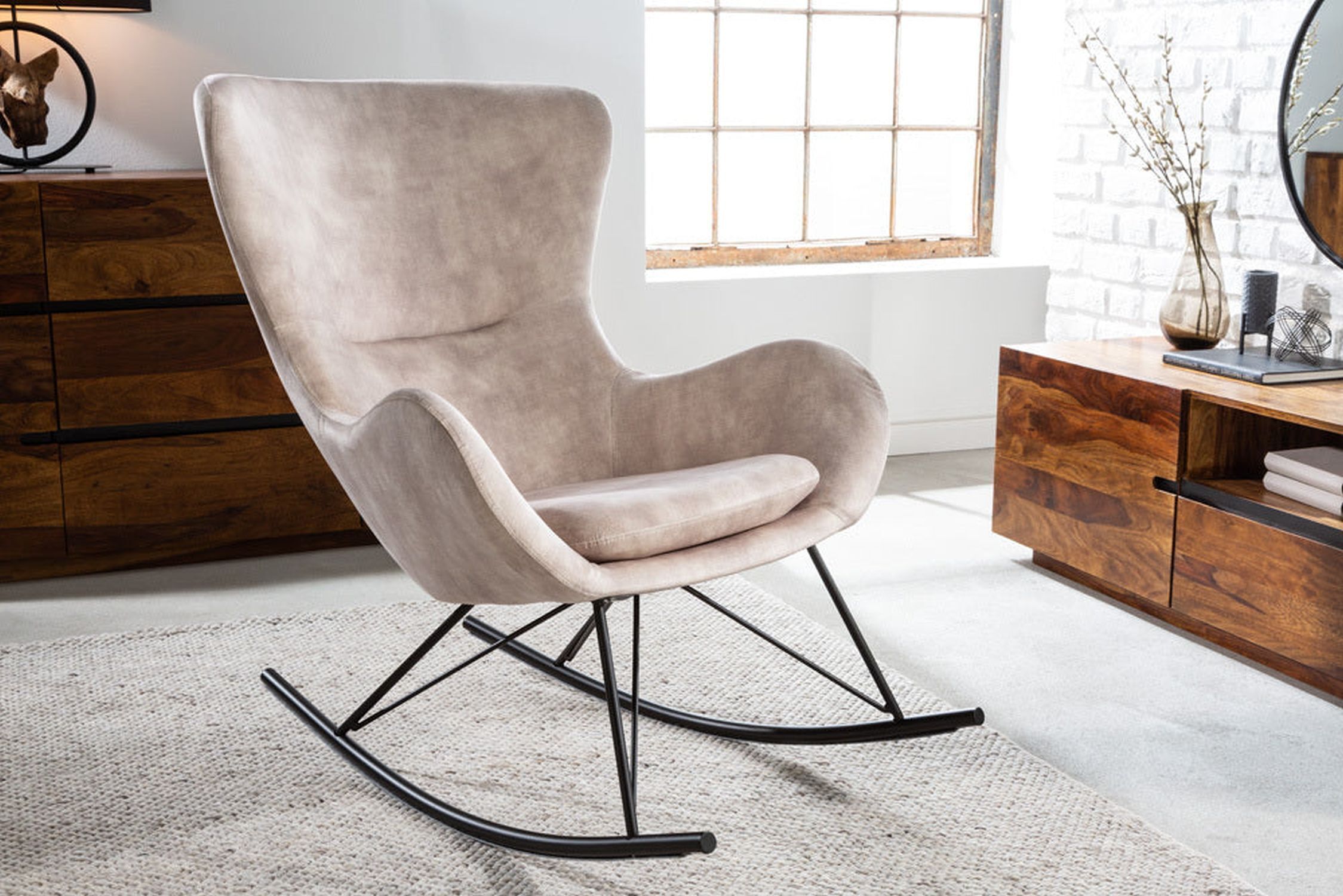 Schaukelstuhl Samt Metall in Beige Creme Schwarz Moebel, Stuhl, Schaukelstuhl