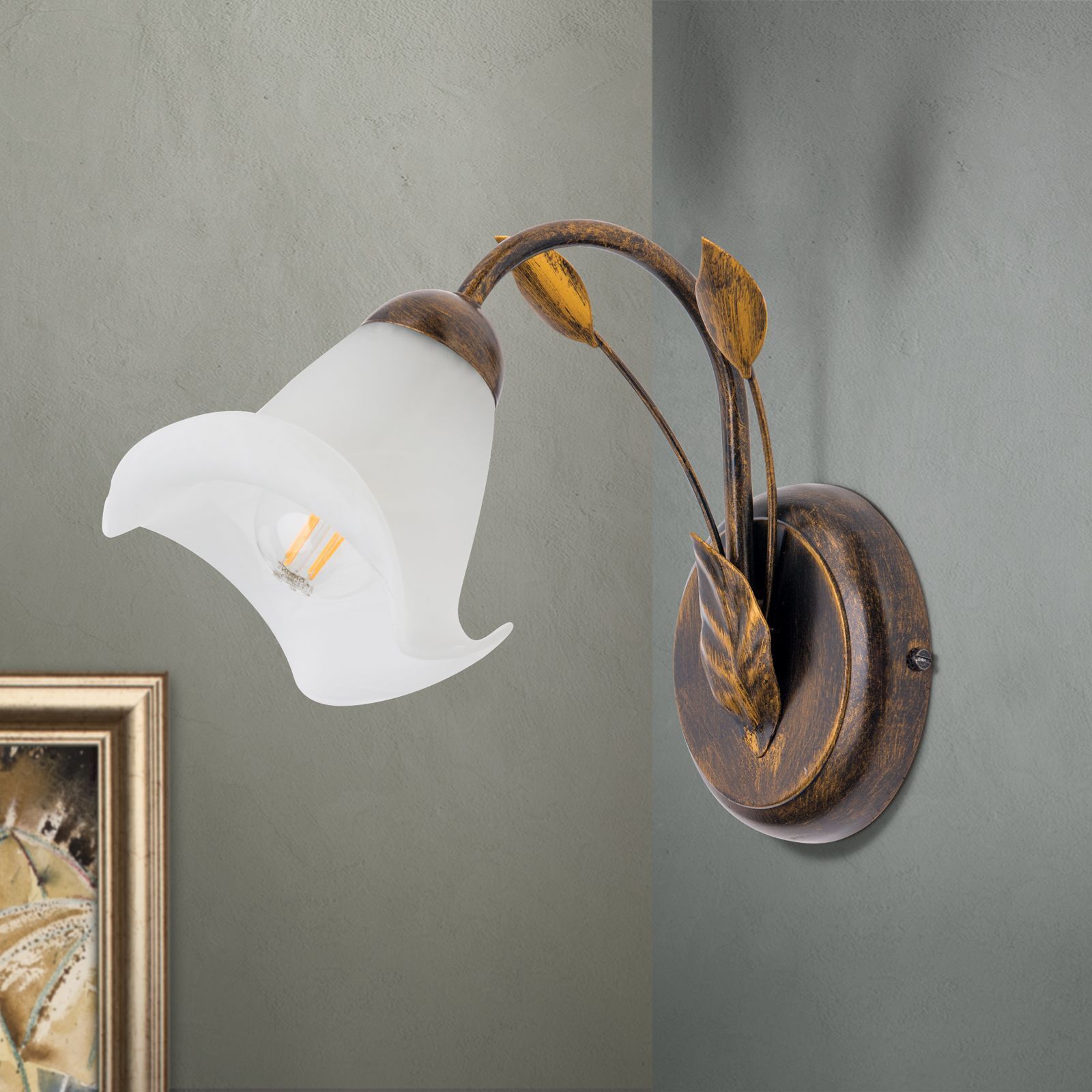 Wandlampe Metall Glas H: 21 cm Shabby Antik Weiß E14 Wandlampe, Wand-Setinker, Metall, Braun, Glas/Glas-Schirm