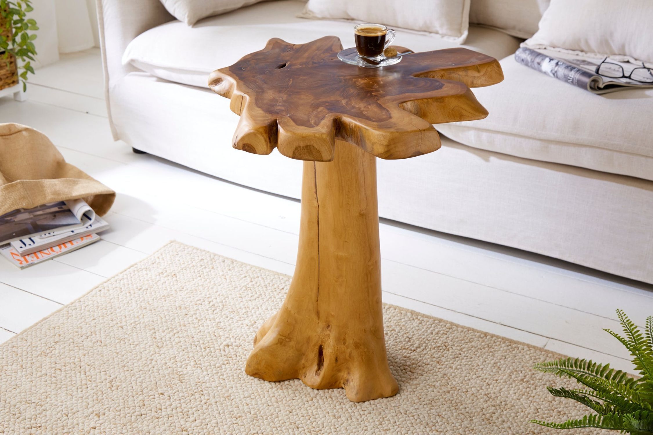 Table d'appoint en teck 50x50 cm travail manuel tranche d'arbre Moebel, Tabelle, Holz, Hartholz, Gebeiztes Holz