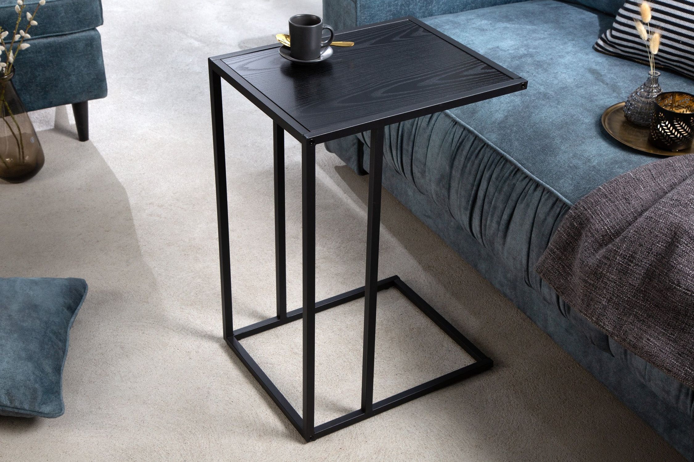 Table d'appoint en noir 43 x 35 cm forme C métal MDF Moebel, Tabelle, Kaffeetisch, Schreibtisch, Tischplatte