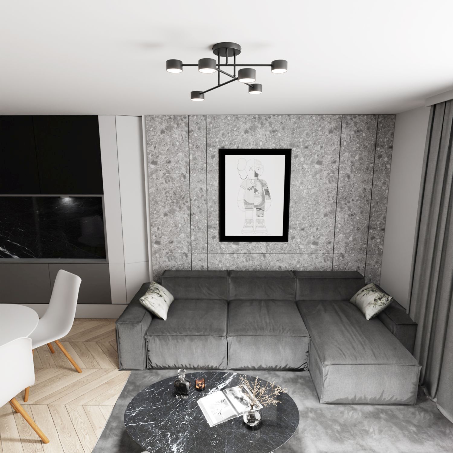 Wohnzimmer, Sofa, Grauer Schlafsofa, Steinwand, Kaffeetisch