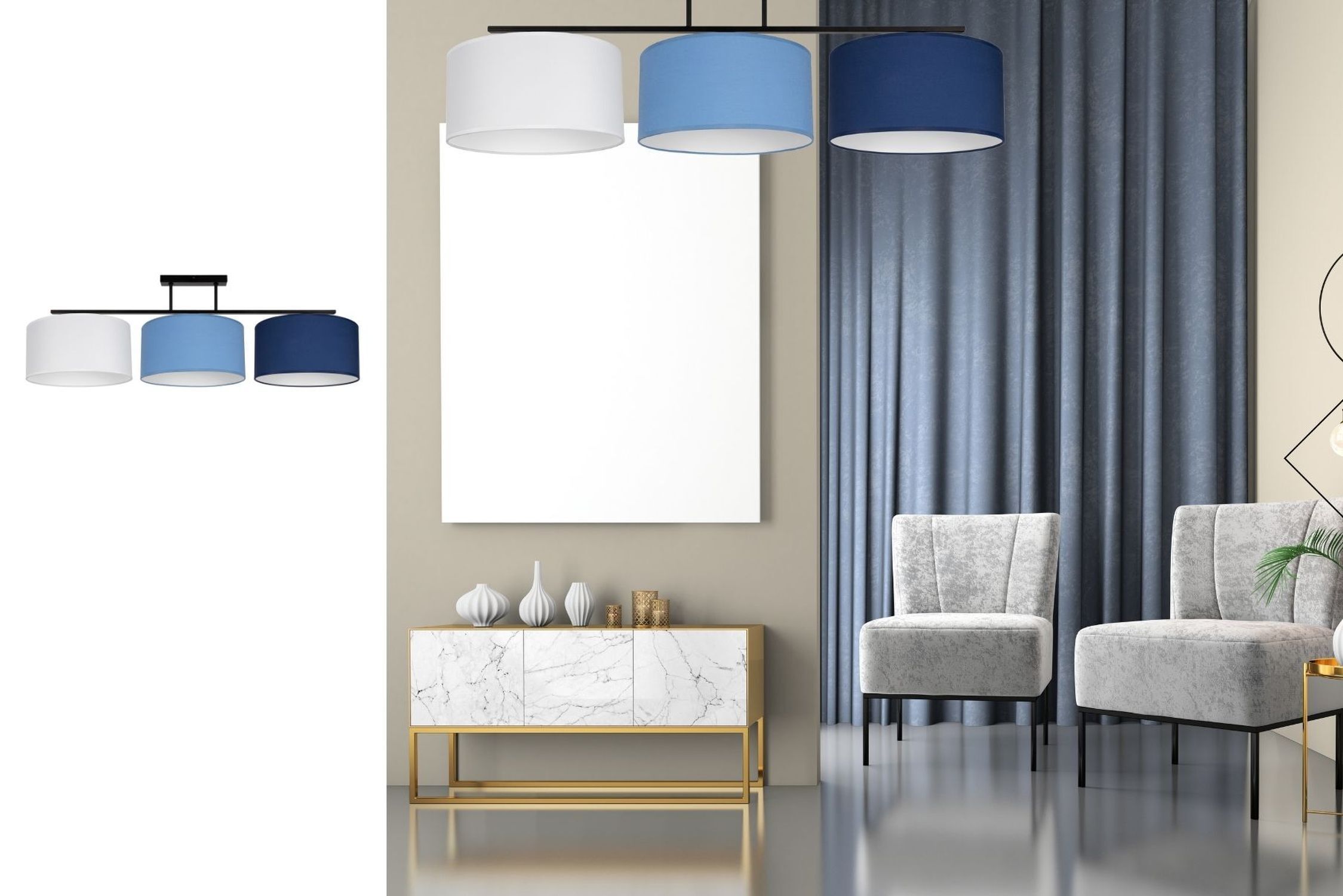 Wohnliche Deckenleuchte Stoff Weiß Blau E27 L:100 cm Drinnen, Innenarchitektur, Lampe