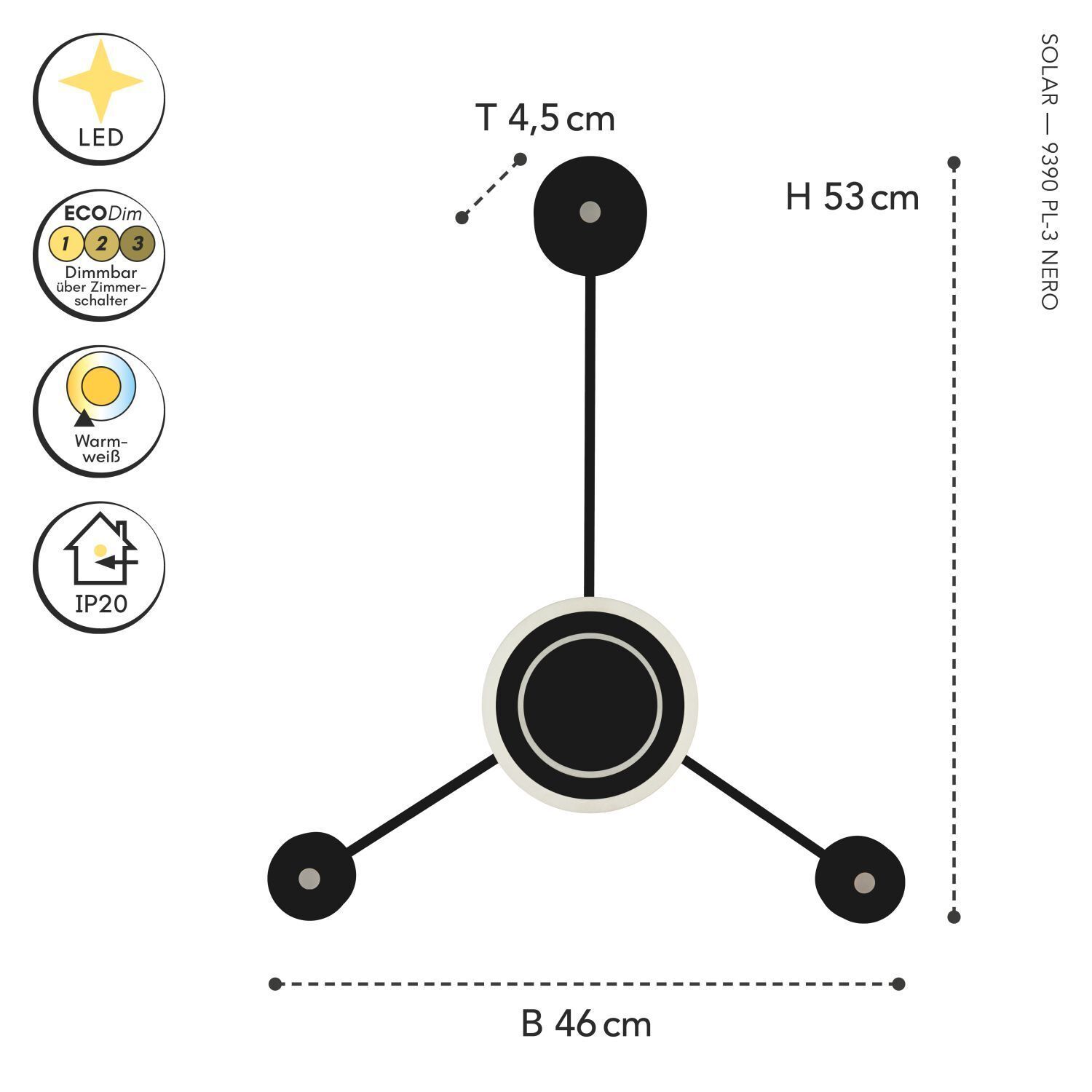 LED Wandlampe Aluminium dimmbar H:53 cm 3000 K Schwarz LED, Pendant light, Einbauleuchte, Schwarz, Durchmesser zentrale | Struktur